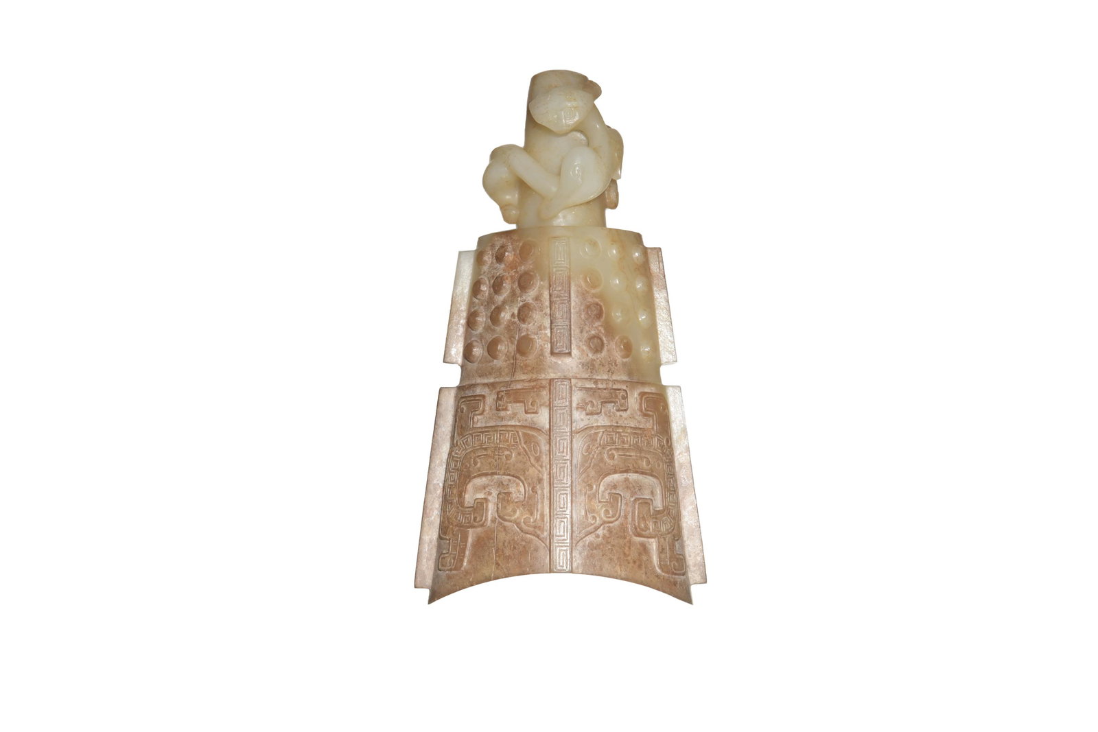 Chinese Jade Bell, Ming Dynasty: A Chinese carved jade bell dating from the Ming dynasty. The finial features a Chilong, the top band features a grain pattern and the bottom stylized taotie masks. Dimensions: 6 inches tall X 3 inches