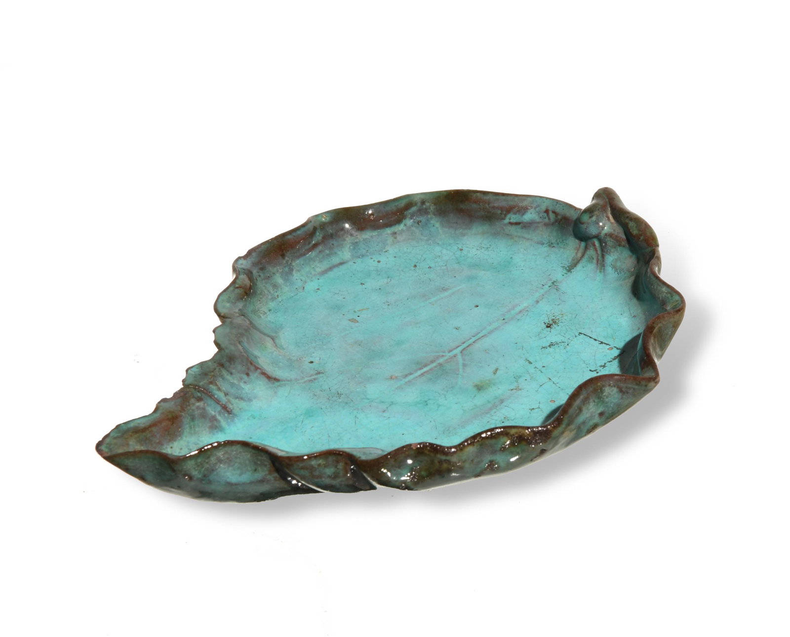 Shiwan Leaf-Form Brush Washer, Ming: A Shiwan blue-glazed leaf-form brush washer dating from the Ming dynasty. Dimensions: 1 inch tall X 6 3/4 inches wide; 2.5 cm tall X 17.1 cm wide. All measurements are approximate. Condition: Several 