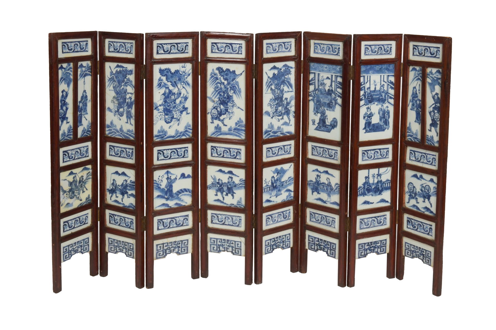 Chinese 8-Panel Screen with 19th Century Plaques: A Chinese 8-panel screen with 19th century blue and white porcelain plaques. The 2 outer panels have 7 plaques; the 6 interior panels have 6 plaques. Dimensions of each panel: 31 1/4 inches tall X 7 i