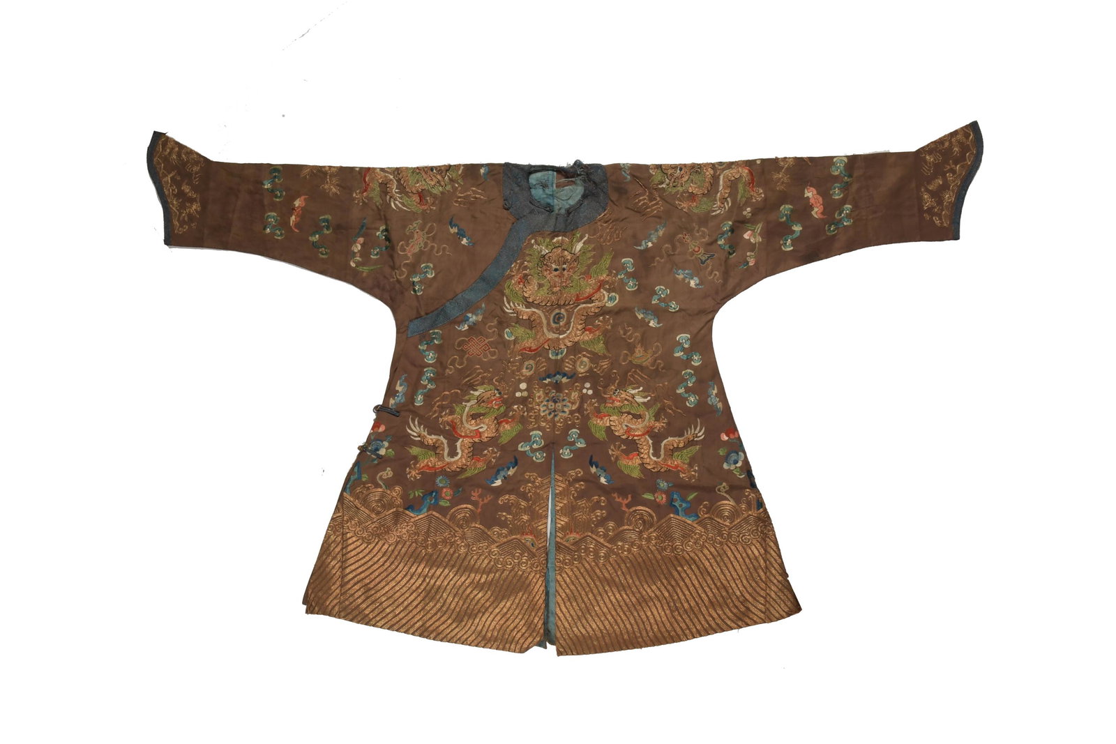 Chinese Small Brown Dragon Robe, Qing Dynasty: A small Chinese brown silk robe dating from the Qing dynasty. The robe features 8 large 5-clawed dragons; 2 small dragons; bats; the 8 Buddhist emblems; and flowers. The bottom of the robe features a 