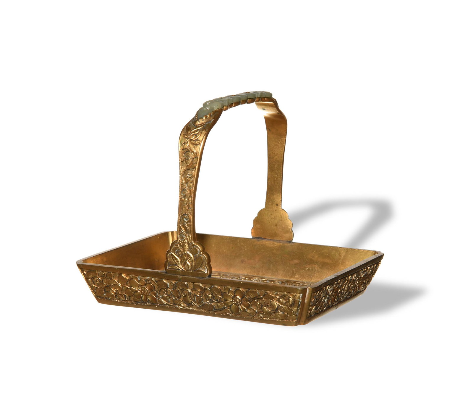 Gilt Bronze Plate with Inlaid Jade, 18th Century: A gilt bronze tray with a jade inset in the handle dating from the 18th century. Dimensions: 4 1/2 inches tall X 5 1/2 inches wide; 11.4 cm tall X 14 cm wide. Weight- 1 lb. 5 oz. All measurements are 