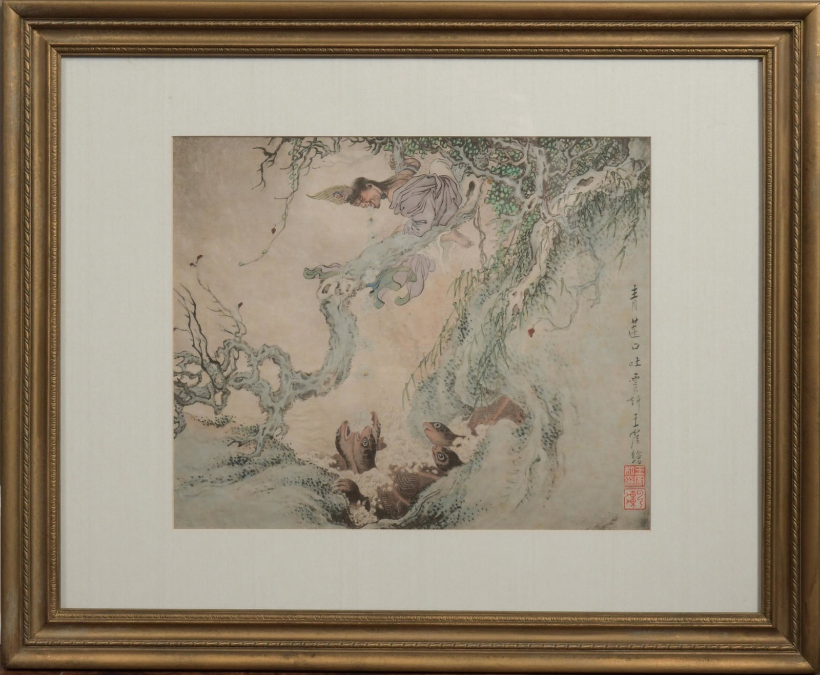 Chinese Painting of Liuhai by Wang He: A Chinese watercolor on paper painting by Wang He. The painting depicts a Liuhai with lotuses coming out of his mouth and turtles. It includes an inscription and 2 seals and is matted and framed. Dime
