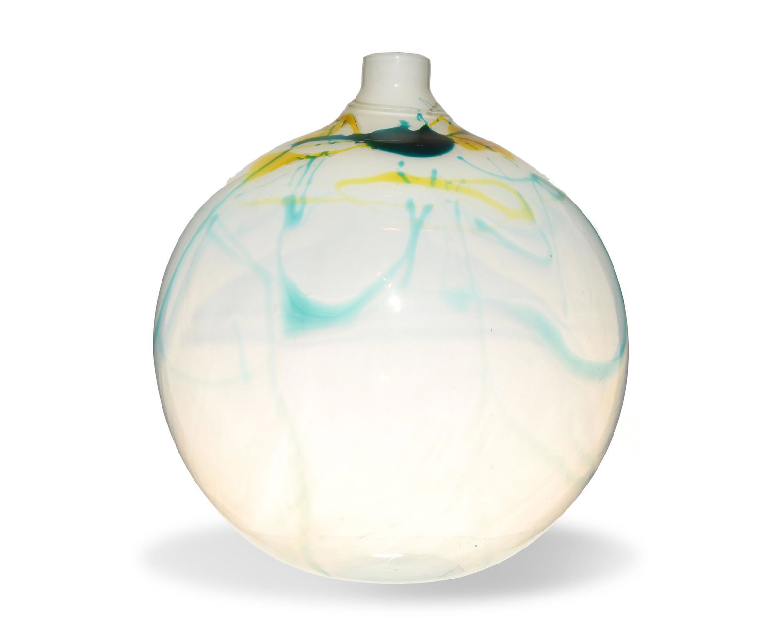 Kent Ipsen, Large Bulbous Vase: Kent Forrest Ipsen (American, 1933-2012) studio glass, 1978. The vase is teal and yellow, and it is signed and dated on the base. Dimensions: 19 inches tall X 17 inches diameter; 48.3 cm tall X 43.2 c