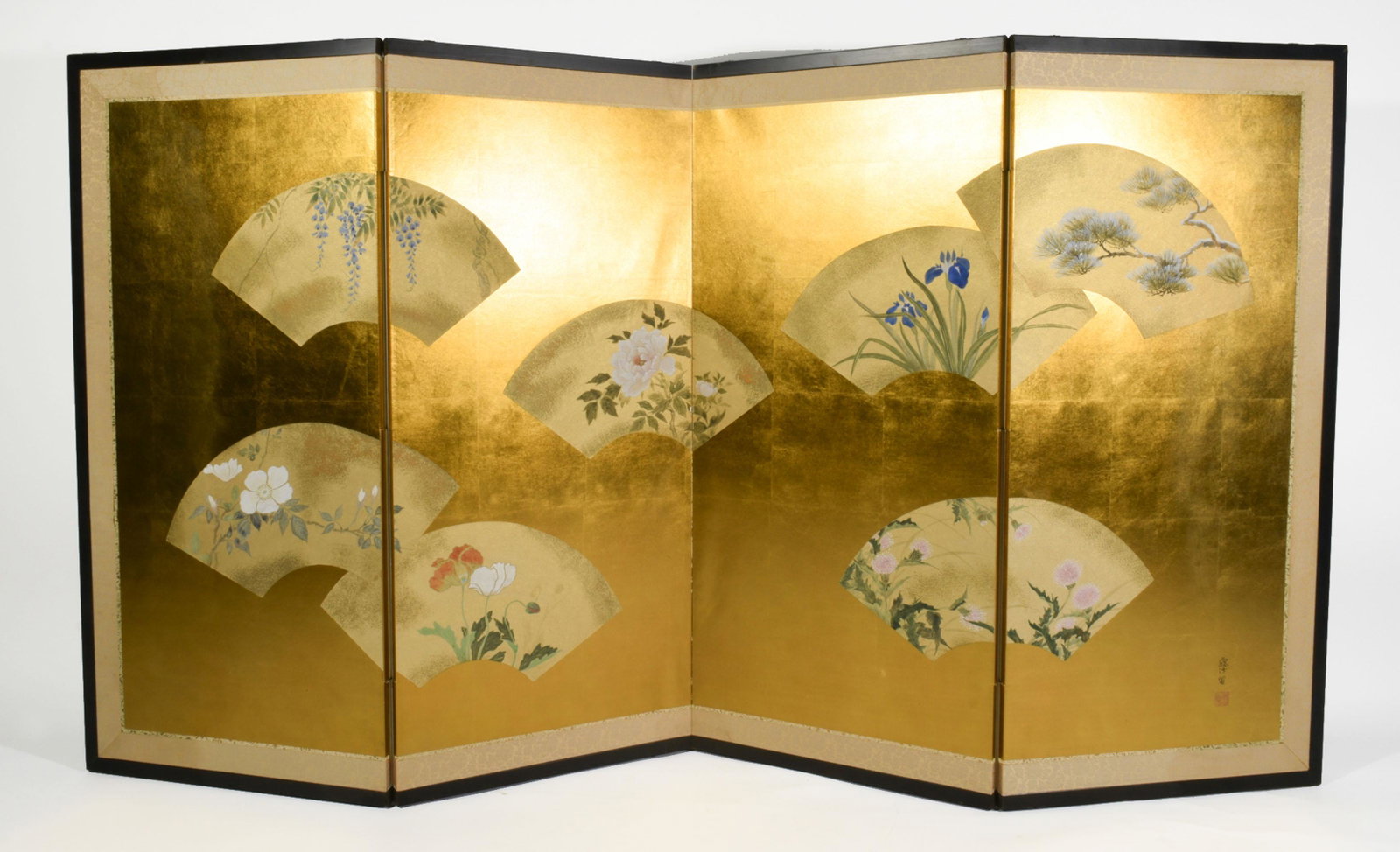 Chinese 4-Panel Wall Screen with Fans: A four panel Chinese wall screen with painted fans. Includes seven fans painted with various flowers and pine needle limb. Gold tone field with silk border. One red seal and signature. The back has fe