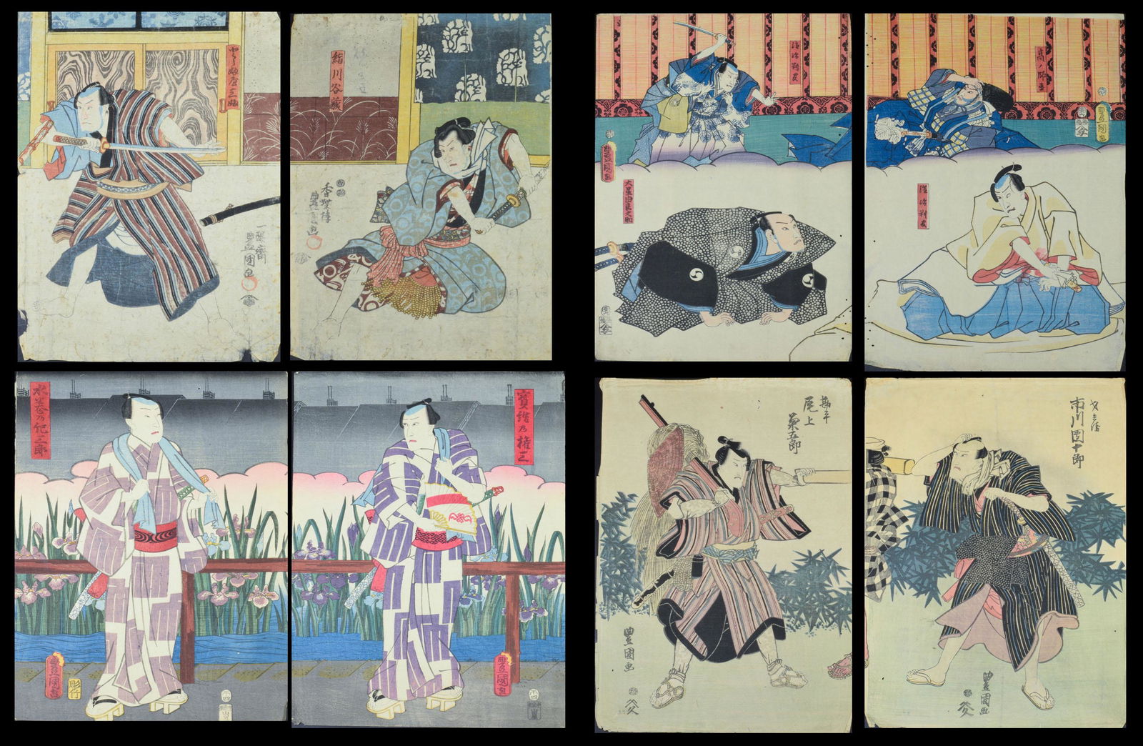 8 Japanese Woodblock Prints, Utagawa Kunisada: A group of 8 Japanese woodblock prints by Utagawa Kunisada, oban size. Includes 2 leaves of a triptych depicting a Samurai scene; a diptych depicting a Kabuki scene possibly from the 40 Ronin play; a