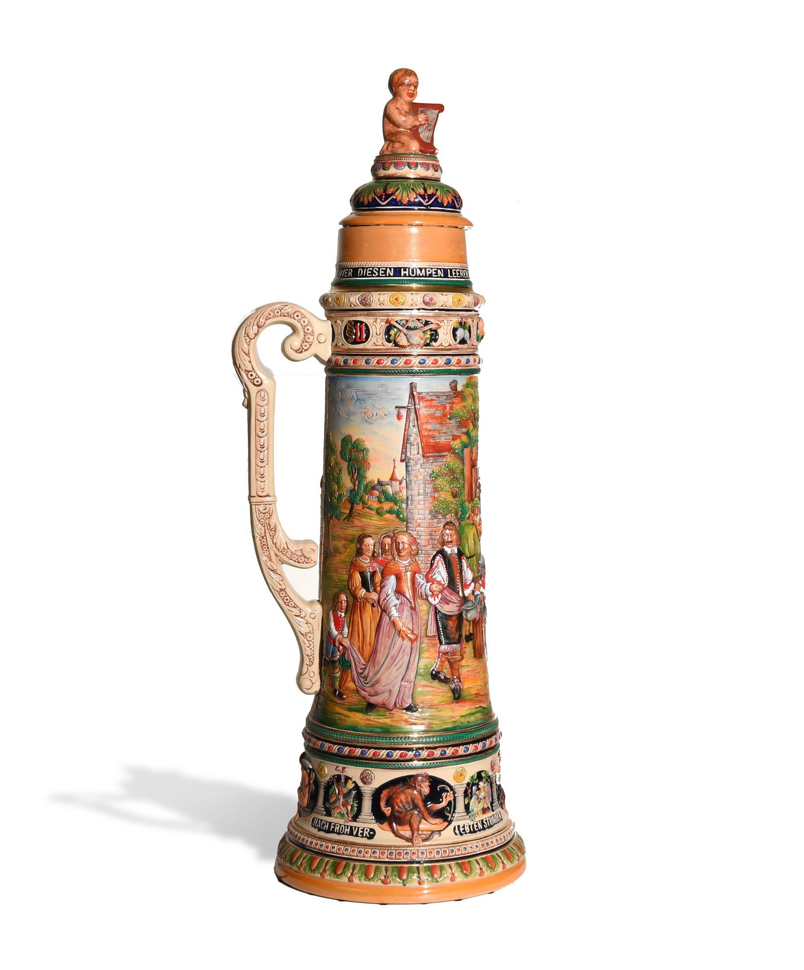Gerz Stein Co., Monumental 41 Inch Beer Stein: S.P. Gerz Stein Company (German, founded 1857) porcelain. The lid features a boy playing the harp and the stein depicts a village scene. It is incised with the Gerz mark, 'W. Germany,' and '1' on the 