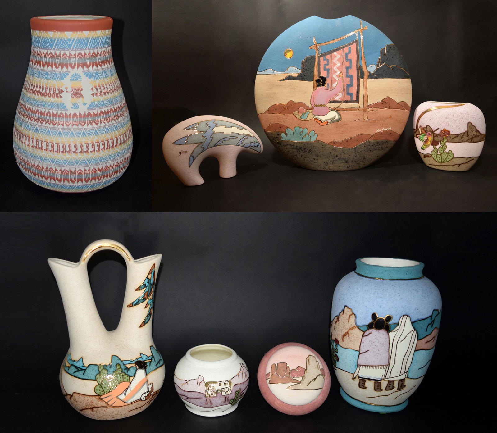 8 Vera Russell Pottery with 22K Gold Accents: Vera Russell (American Southwest, practicing 1972-) pottery. Eight pieces, including a large flat vase with a weaving woman; a small vase with bird and flowers; figurine of a bear; small covered jar; 