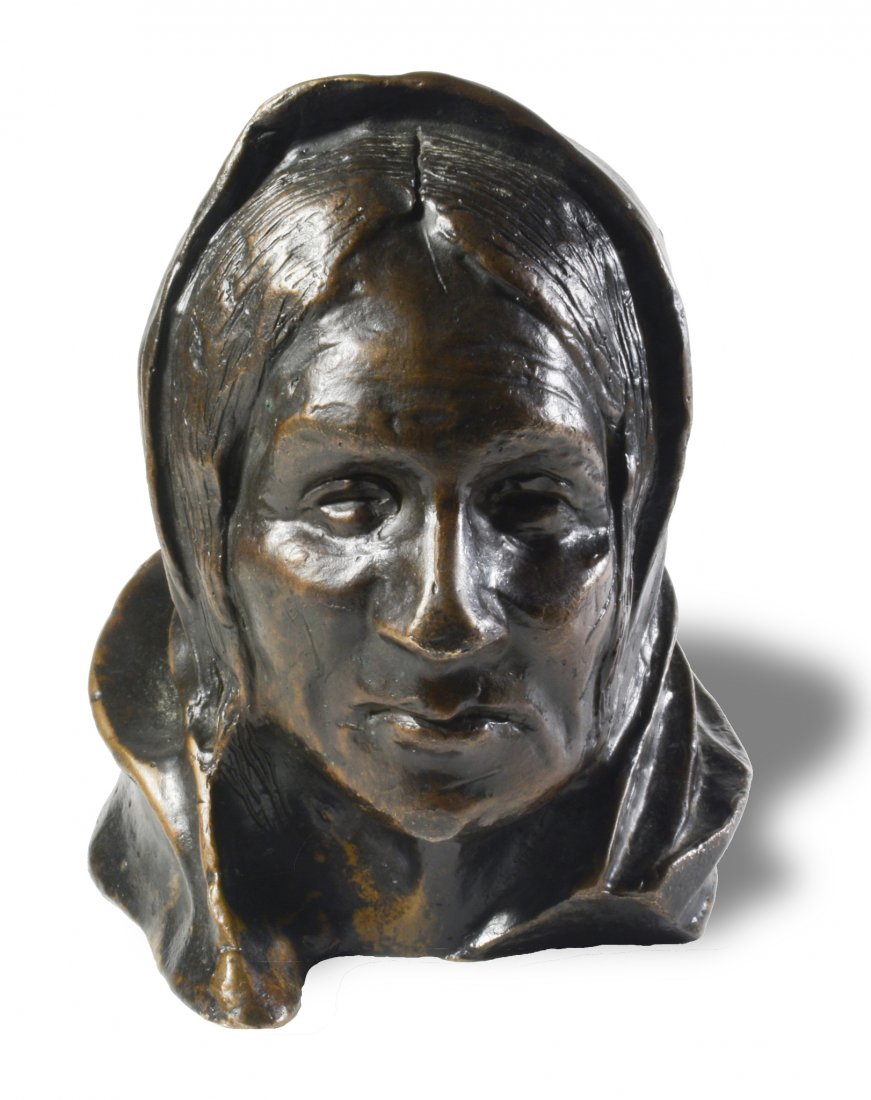 1899 Henry Farny Bronze Bust of Zuni Woman 8/10: Henry Francois Farny (American 1847-1916) bronze. A bronze bust of a Zuni woman; it is marked; Pueblo of Zuni, Bernice Isabel Saye, Farny /99 (1899) 8/10. Dimensions: 5 1/4 inches tall X 4 inches wide