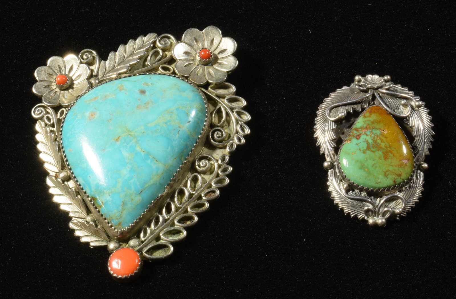2 Navajo Brooches inc. Peterson Johnson: Peterson Johnson (Navajo, 20th century), sterling silver and turquoise. Signed pendant / brooch with Royston turquoise. Second brooch by unidentified artist, sterling silver with turquoise and coral. 