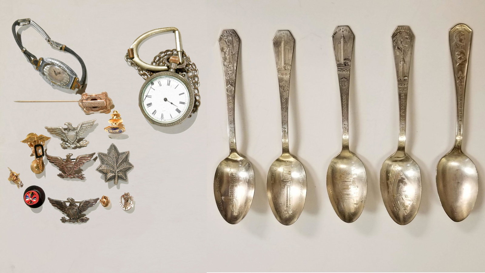 Assorted Gold and Silver Items: A collection of gold and silver items. Includes: a silver pocket watch, a wrist watch, 3 silver eagle pins, a silver oak leaf, a Victorian 10K gold pin, 3 14K gold Shriners pins, a 14K gold Masonic '5