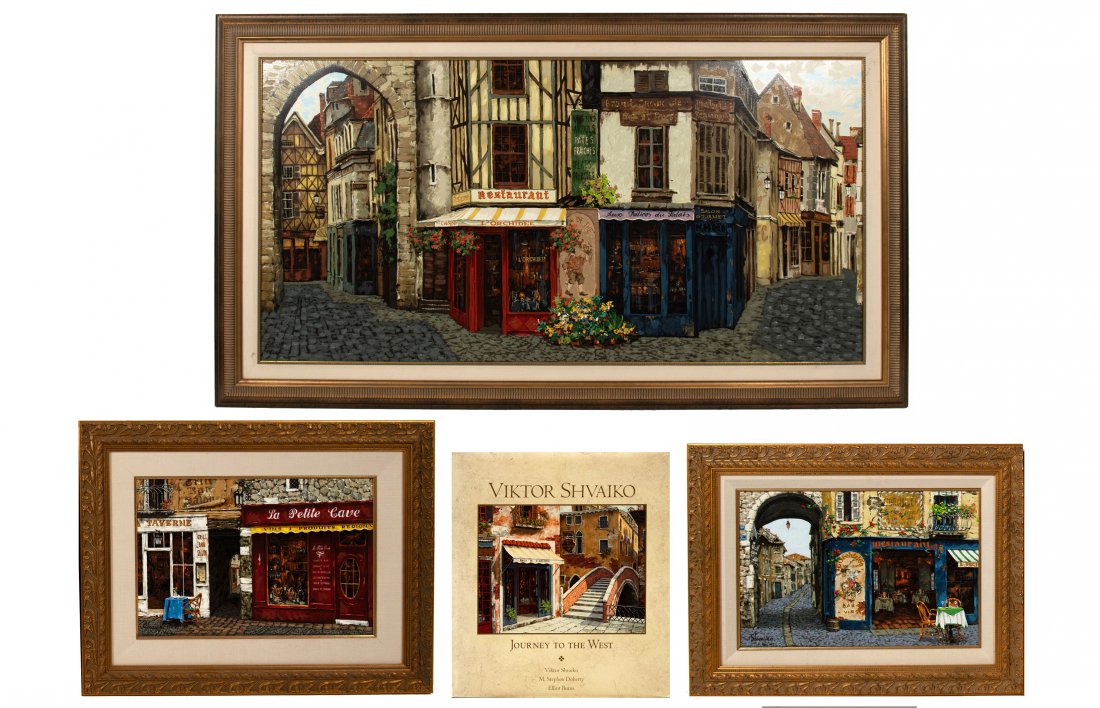 4 Viktor Shvaiko Signed Serigraphs and Book: Viktor Shvaiko (Russian, b. 1965), hand-embellished serigraphs. Includes: "Salon de L' Orchidee," no. 103/325, with certificate; "La Petite Cave" no. 309/950, and "L'Orchidee," no. 381/950. Comes with