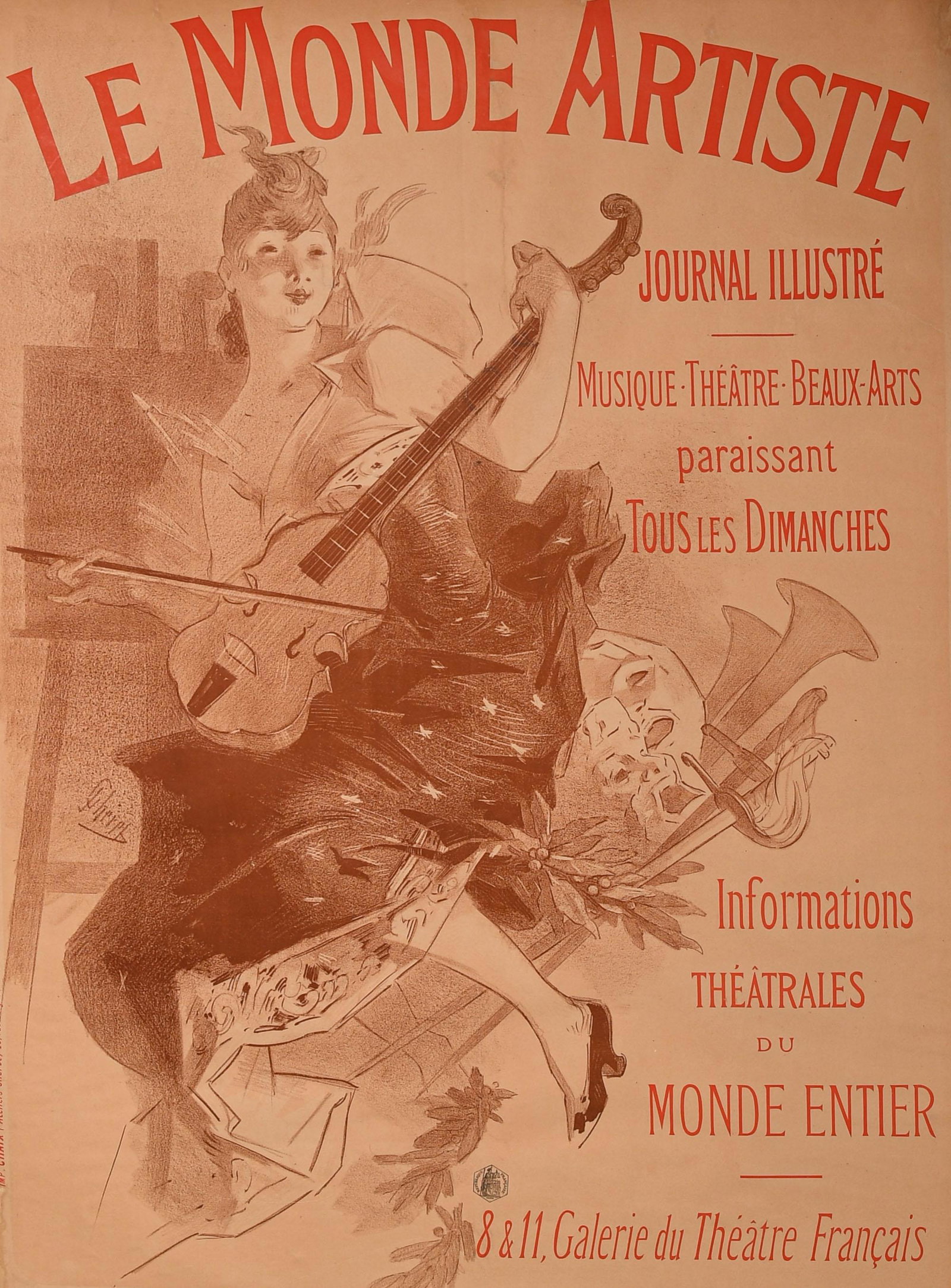 Jules Cheret, Le Monde Artiste-Journal Illustre: Jules Cheret (French, 1836-1932) lithograph on paper mounted to linen, late 19th century. Printed by Chaix (Atelier Cheret). Dimensions: paper- 45 3/4 inches tall X 33 inches wide; 116.2 cm tall X 83.