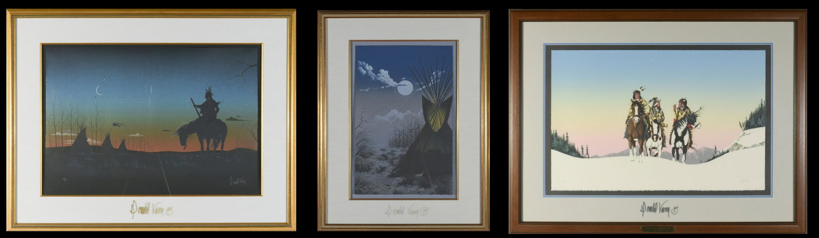 3 Signed Lithographs, Donald Vann, Cherokee: Donald Vann (Cherokee, b. 1949). Includes: 'Through the Northern Pass' 53/100, stone lithograph. 'Messenger of the Evening' 57/130 and 'Winter Moon' 113/180. Dimensions: largest frame- 39 inches wide 
