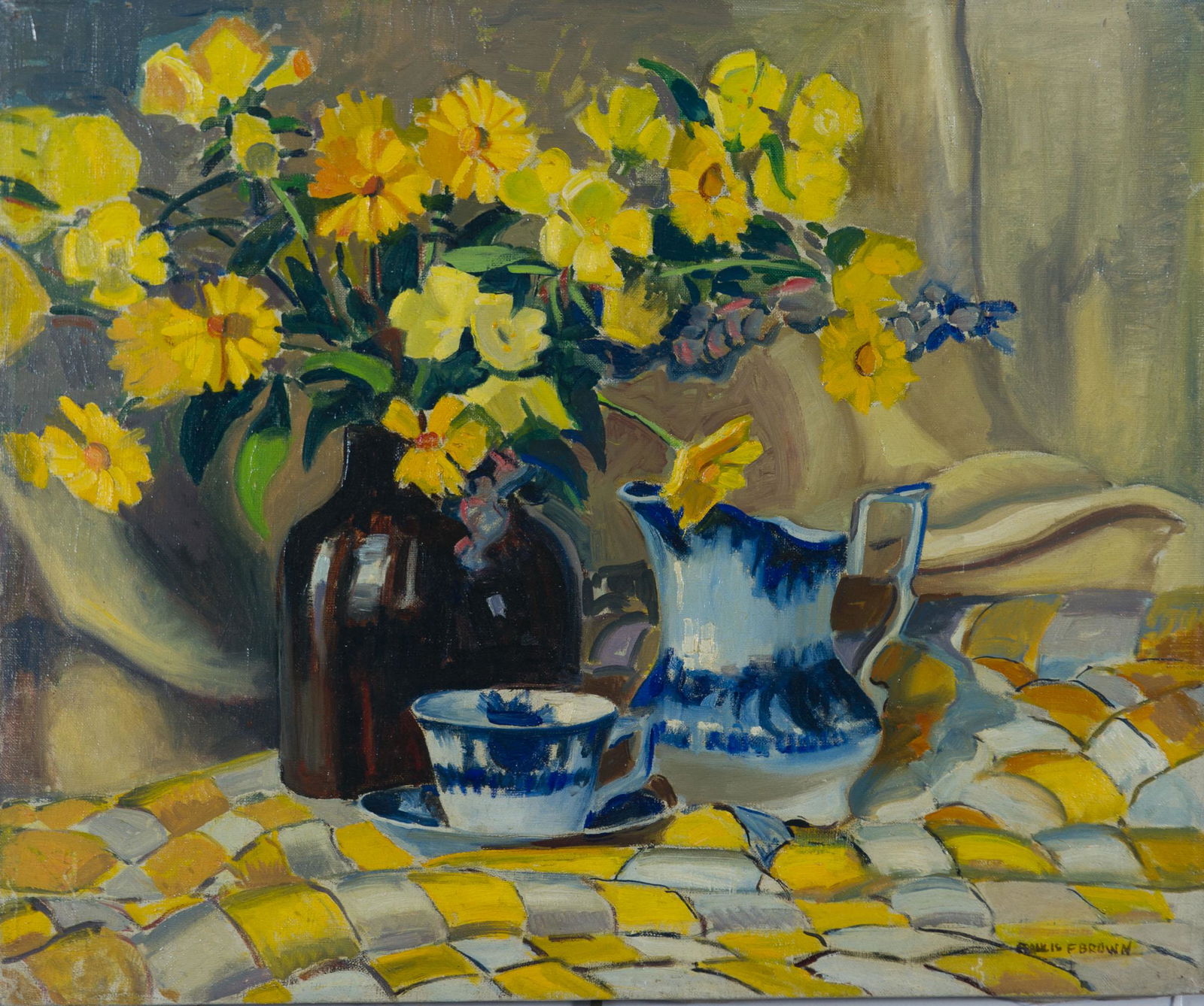 Francis F. Brown, Flowers and Still Life: Francis Focer Brown (American, 1891-1971), oil on canvas, 1926. Depicted is a blue and white pitcher, teacup, saucer, and a jug with flowers on a yellow and white cloth. It is signed on the face, 'Fra