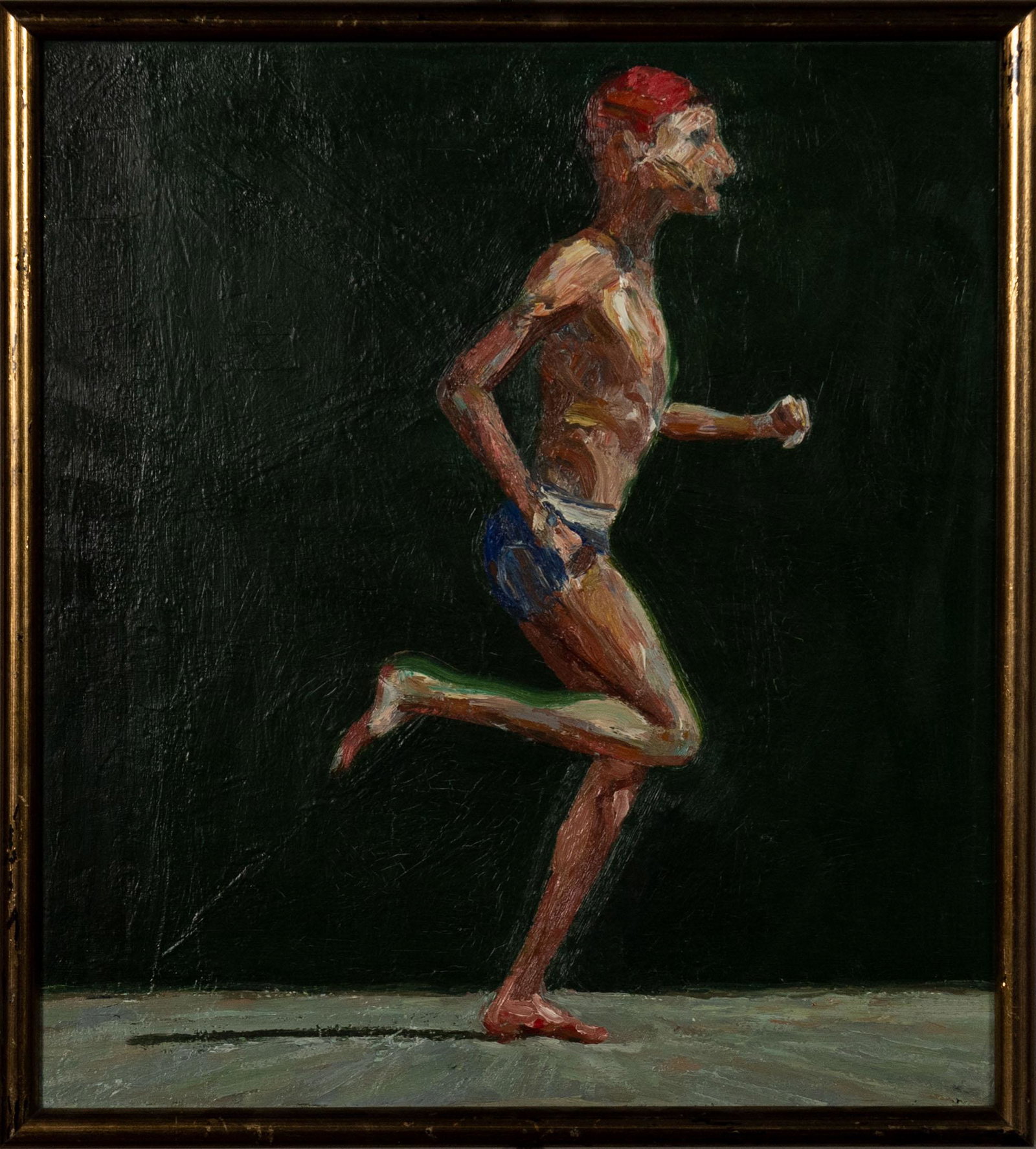 Dean Richardson, Runner Mime: Dean Richardson (American, b. 1931) acrylic impasto on canvas. Depicted is a running man wearing a red hat and blue shorts. Dimensions: sight size-17 3/4 inches tall X 15 3/4 inches wide; 45.1 cm tall