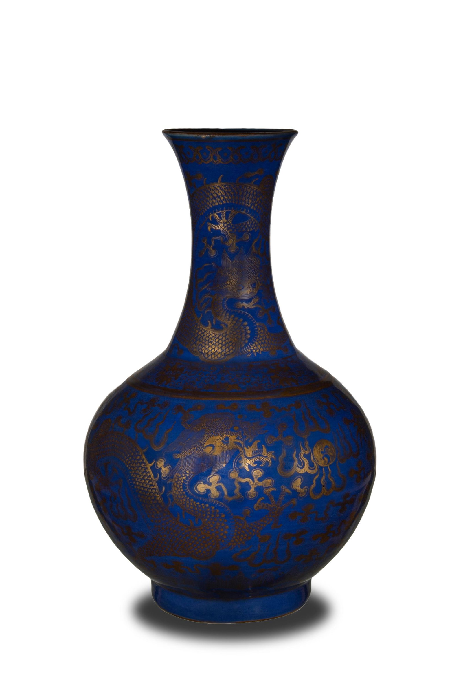 Chinese Blue-Ground Glazed Vase, Guangxu: A Chinese blue-ground tianqiuping vase with a six character Guangxu mark and of the period. The vase is decorated in gold tones and depicts two five-clawed dragons chasing a flaming pearl on the body,