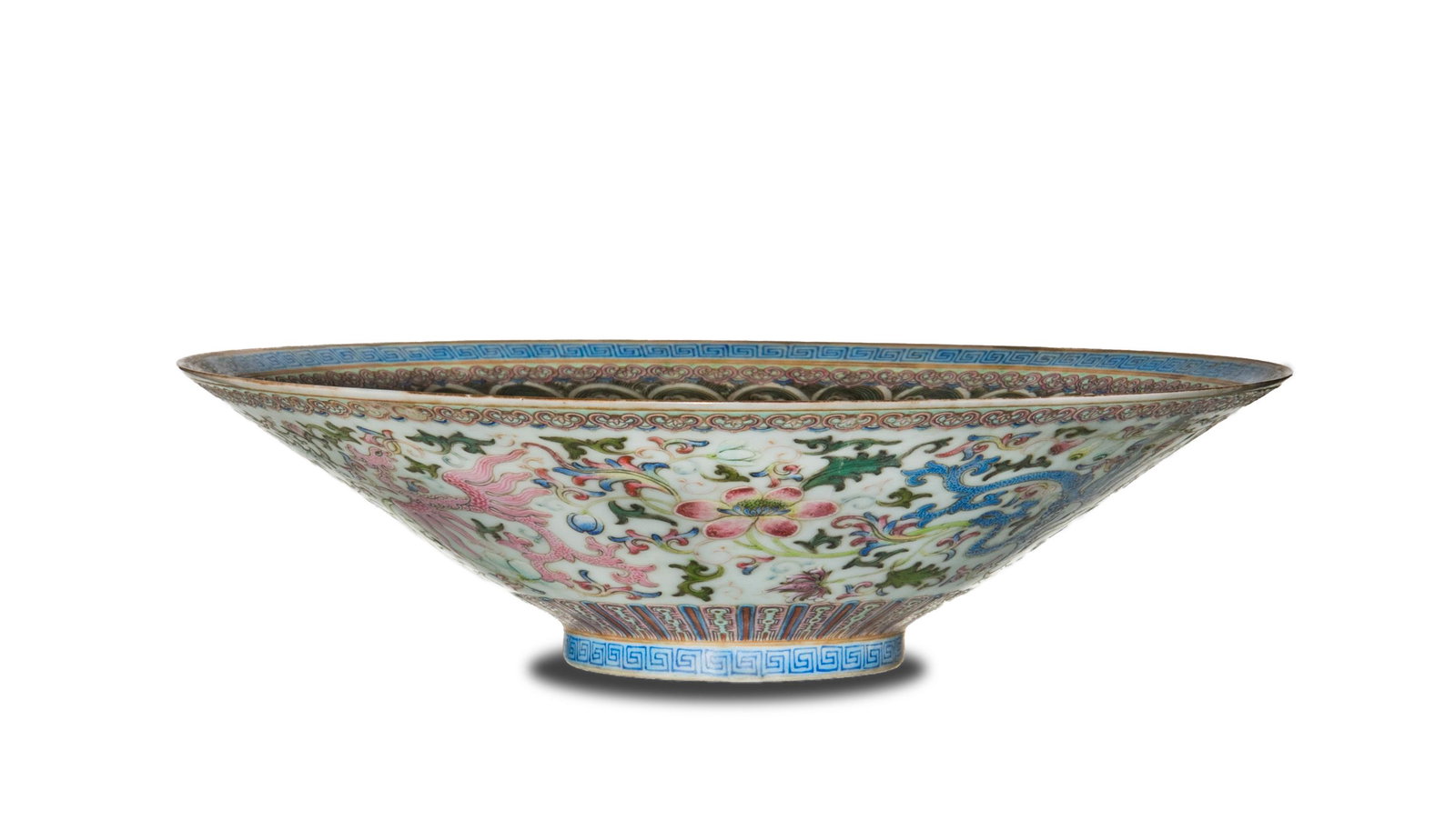 Chinese Eggshell Porcelain Bowl, Republic: A Chinese famille rose eggshell porcelain bowl dating from the Republic period. The sides of the bowl are straight and there is a 4-character mark on the bottom. The interior depicts nine 5-clawed dra