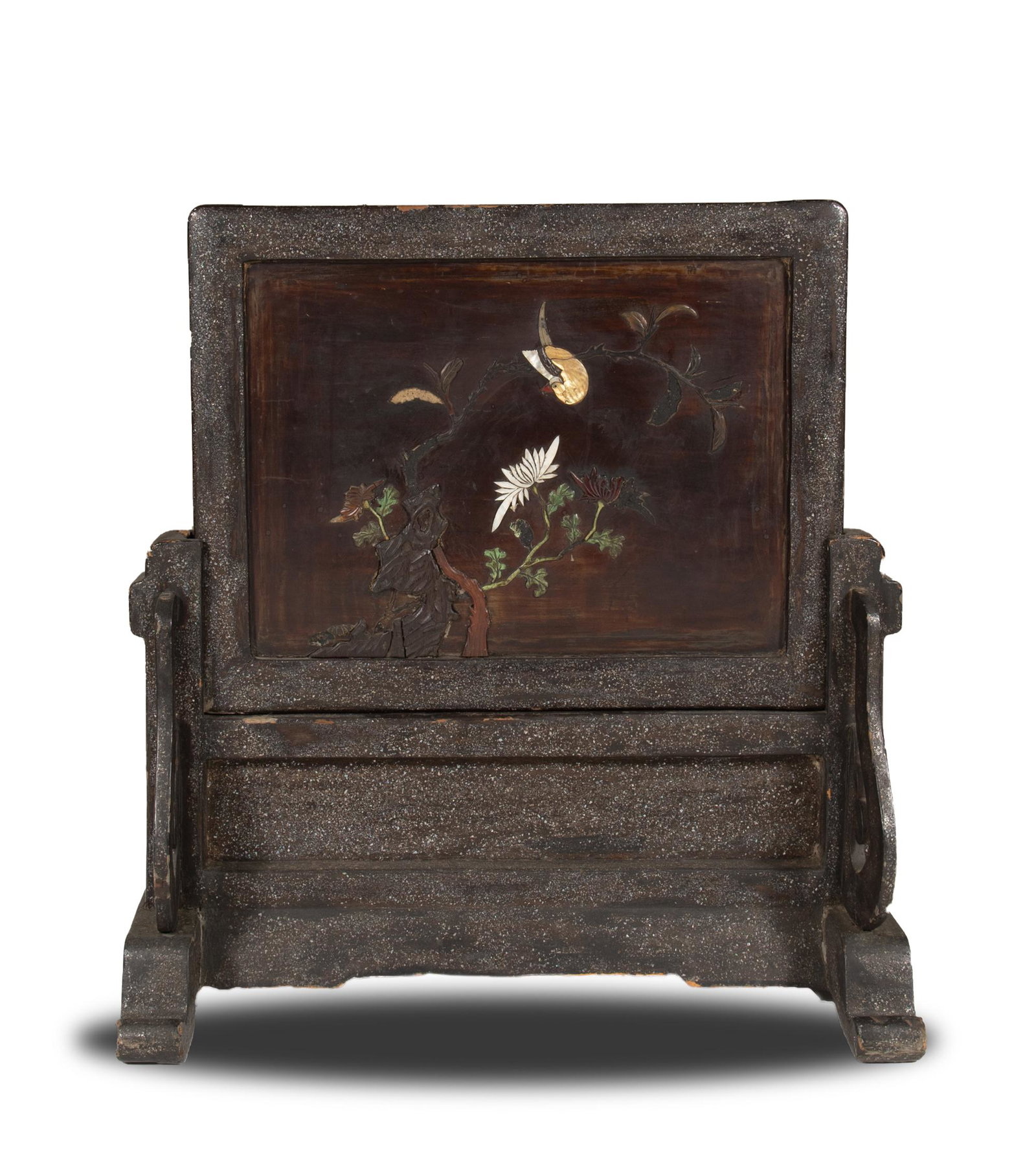 Chinese Wood and Stone Table Screen, 16â€“17th Century: A Chinese hardwood and stone table screen dating from the 16th to the 17th century. The frame and stand are inset with chips of mother of pearl, and the plaque depicts a bird on a flowering branch on 
