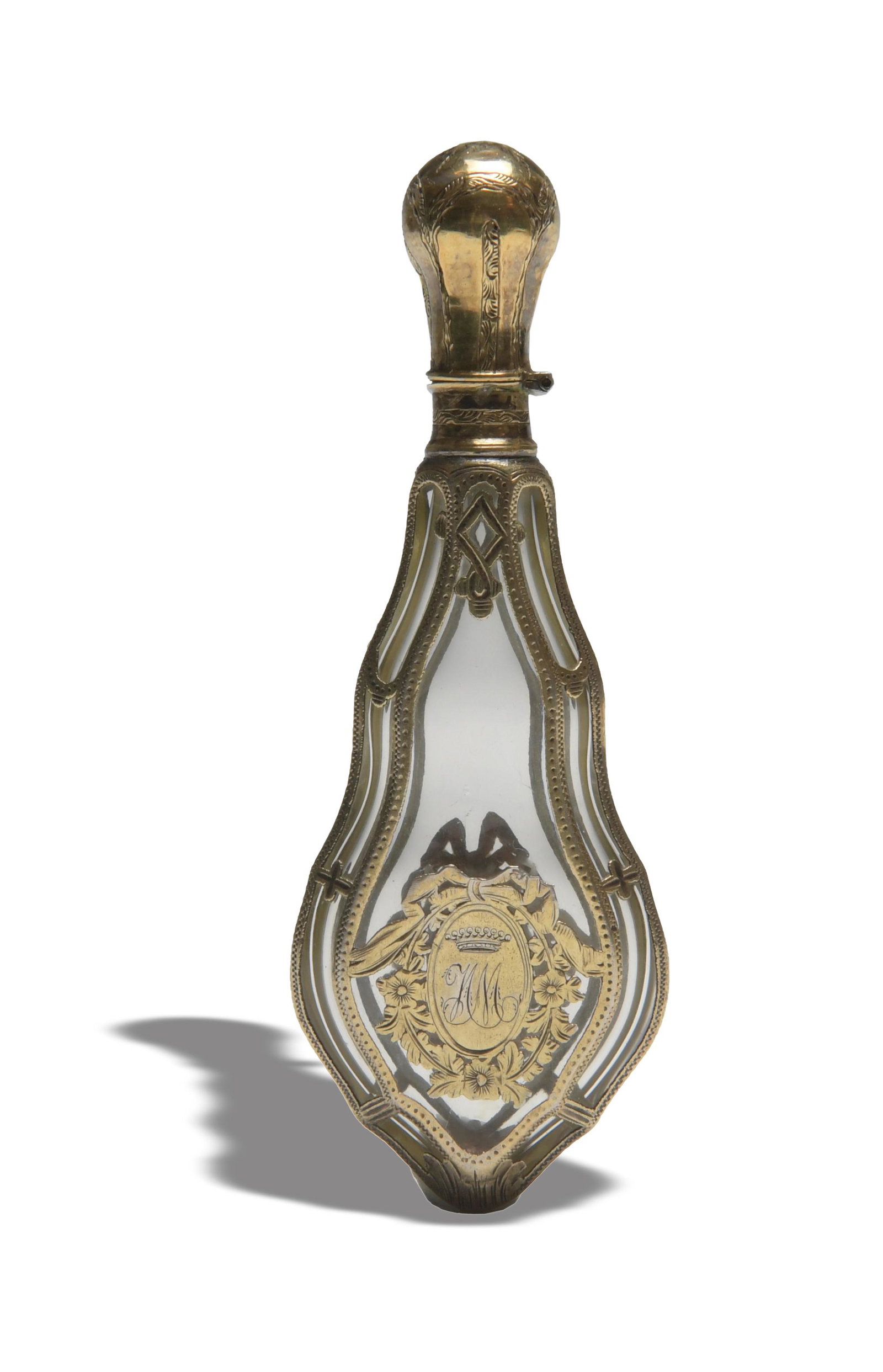 Victorian Gilt Silver Mounted Glass Perfume Flask: A Victorian silver gilt and glass perfume flask dated 1864. The flask retains the original ground glass stopper and the lid is hallmarked EM. Dimensions: 4 1/2 inches tall X 2 5/8 inches wide; 11.4 cm