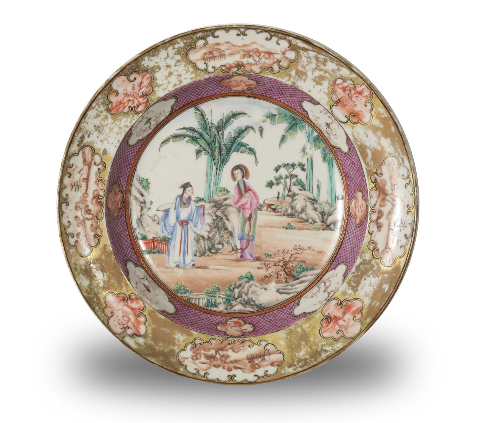 Chinese Export Porcelain Dish, Rockefeller Pattern: A Chinese export porcelain dish dating from the Jiaqing period, circa 1805. The dish features the Rockefeller pattern, with the central image depicting 2 figures. Dimensions: 1 1/2 inches tall X 9 3/4
