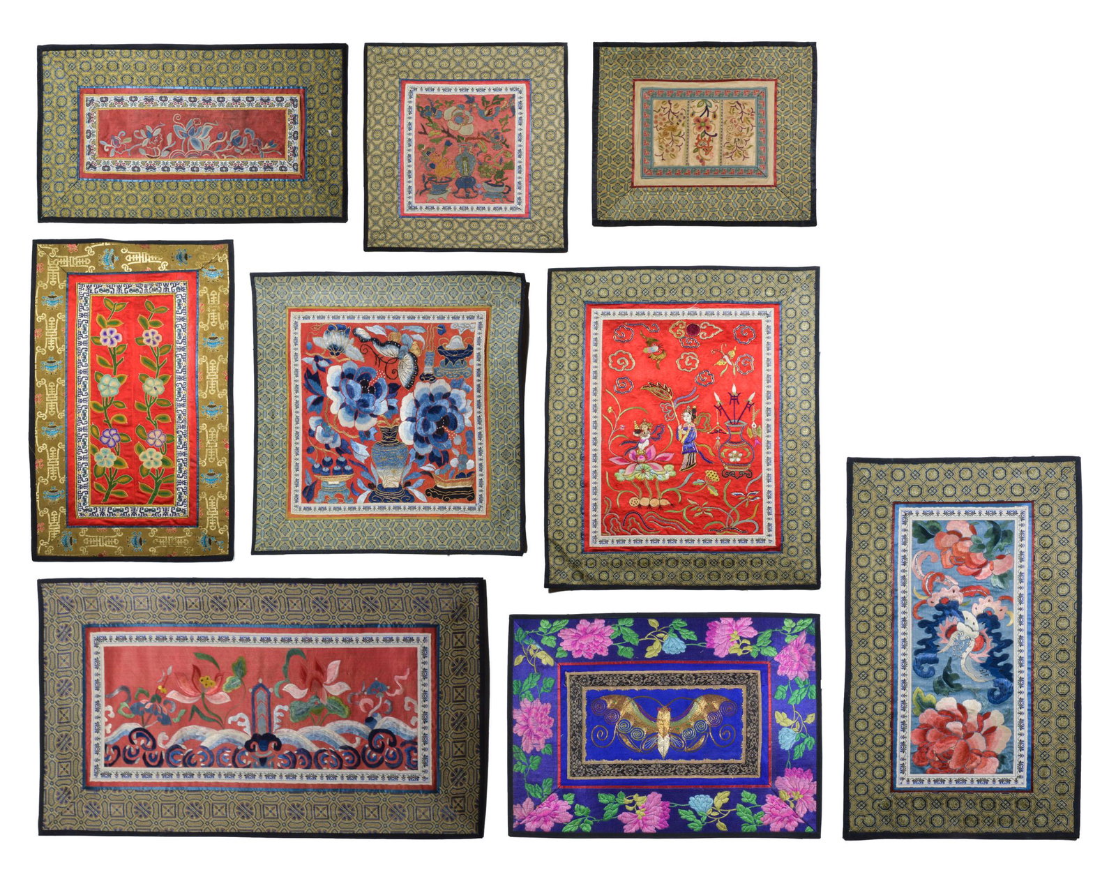 9 Chinese Embroideries, Qing: 9 Chinese embroideries dating from the Qing dynasty and with certificates of antiquity. The embroideries feature: a bat with flowers; a butterfly surrounded by flowers; flowers above a wave motif; a v