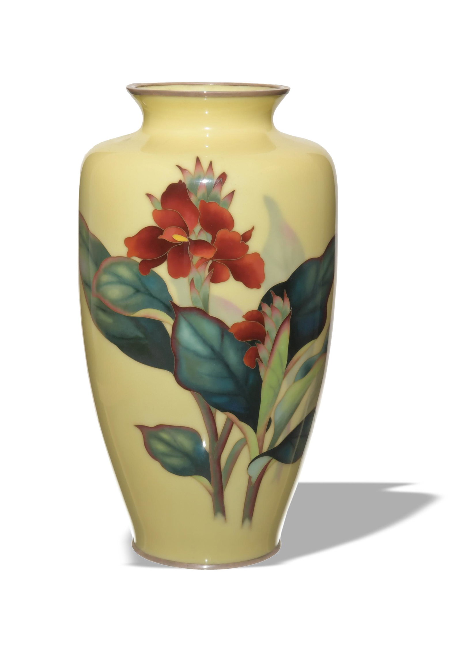 Japanese Ando Yellow Ground Vase, Meiji: A Japanese yellow ground baluster-form vase by Ando Studio and dating from the Meiji period. The vase features cloisonne flowers and leaves. It has a sterling silver rim and base and has an Ando studi