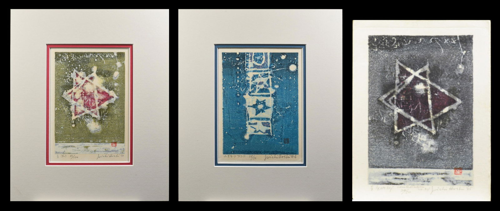 Joichi Hoshi, 3 Signed and Numbered Woodblock Prints: Joichi Hoshi (Japanese, 1913-1979), woodblock prints. Includes: Constellation No. 24 numbered 30/50 and dating from 1965, it is signed in the margin. Star (Red) numbered 51/150 dating from 1970, and L