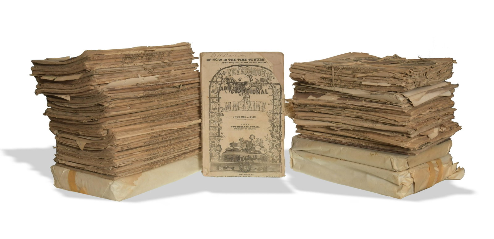 Peterson Ladies National Magazine, 1860: Peterson Ladies National Magazine dating from the 1860's to the 1880's, large group. Issues cover a variety of topics such as fashion, short stories, music compositions and needlework. Dimensions: 9 7