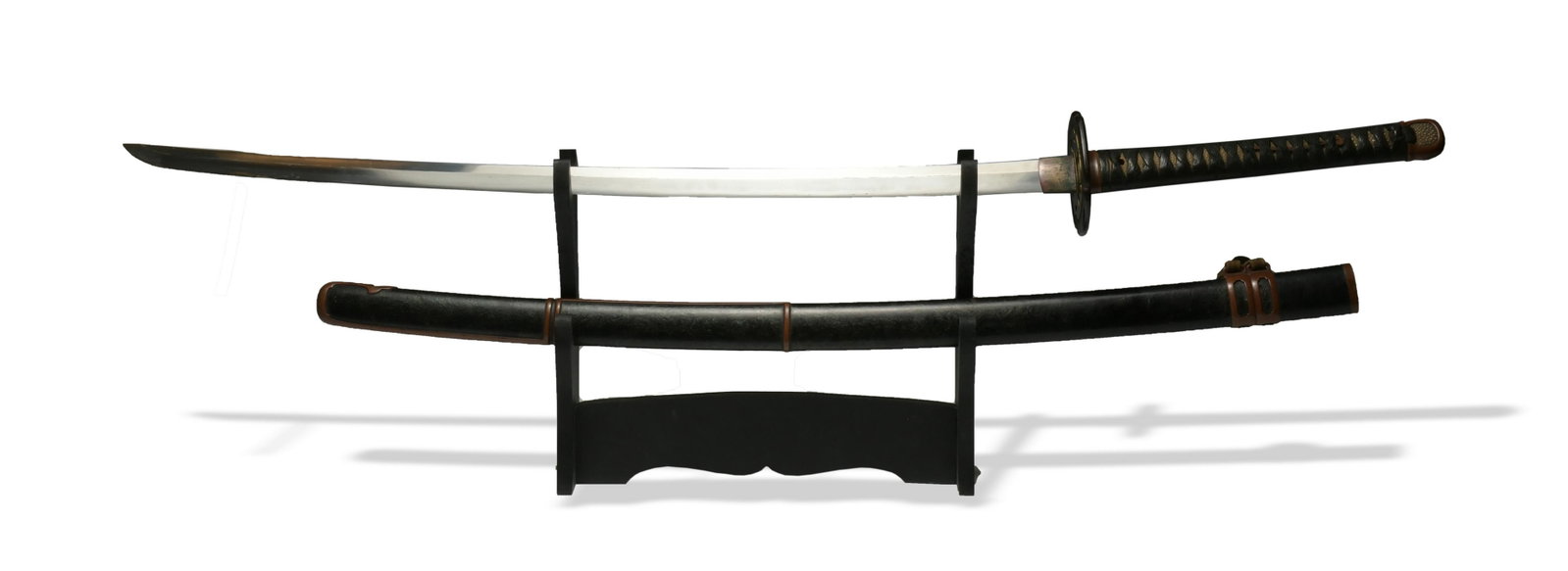 Japanese Katana Signed Kuni Mune with Saya: A Japanese katana signed Kuni Mune likely dating from the Edo period. It is in bronze mounted lacquered saya. The tang has a 2-character mark Kuni Mune, midare hamon, itame hada. Copper habaki, nice i
