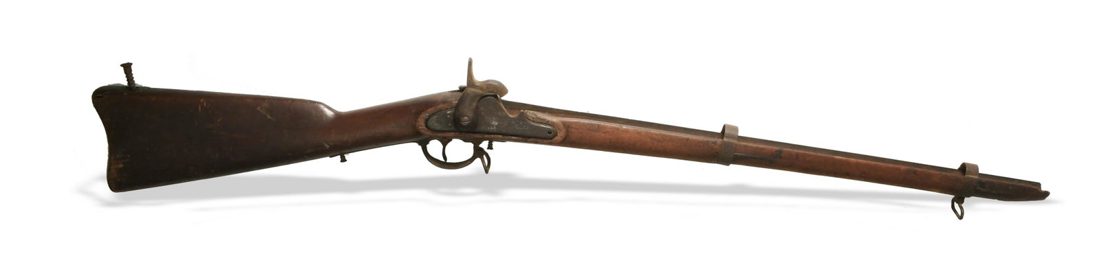 1863 Richmond Confederate Carbine Parts: An original 1863 Richmond 2 band carbine stock with bands, brass buttplate, low hump type 4 lock plate, dated 1863 and trigger guard. It is missing the barrel. The plate is marked 1863 and US Richmond