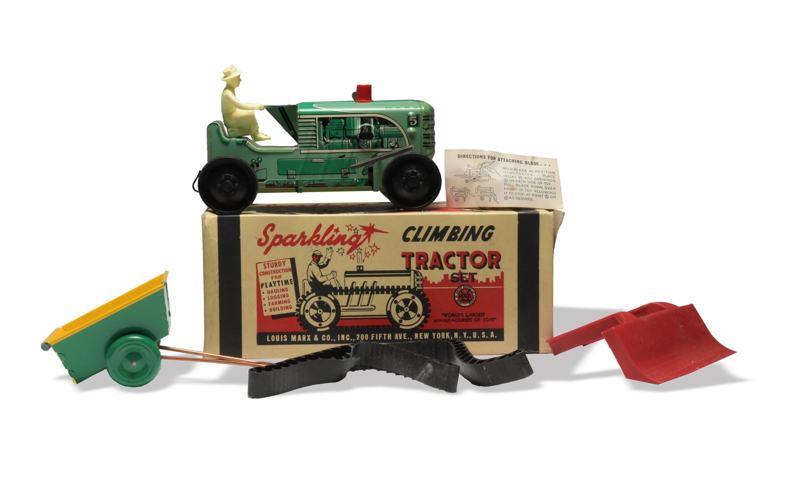 New Old Stock Marx Sparkling Climbing Tractor Set: Louis Marx and Company (American, active 1919-1980) tin. Boxed circa 1960 tin litho windup #5 green tractor, never been played with. Removed from box for the first time to take the photos. Dimensions: