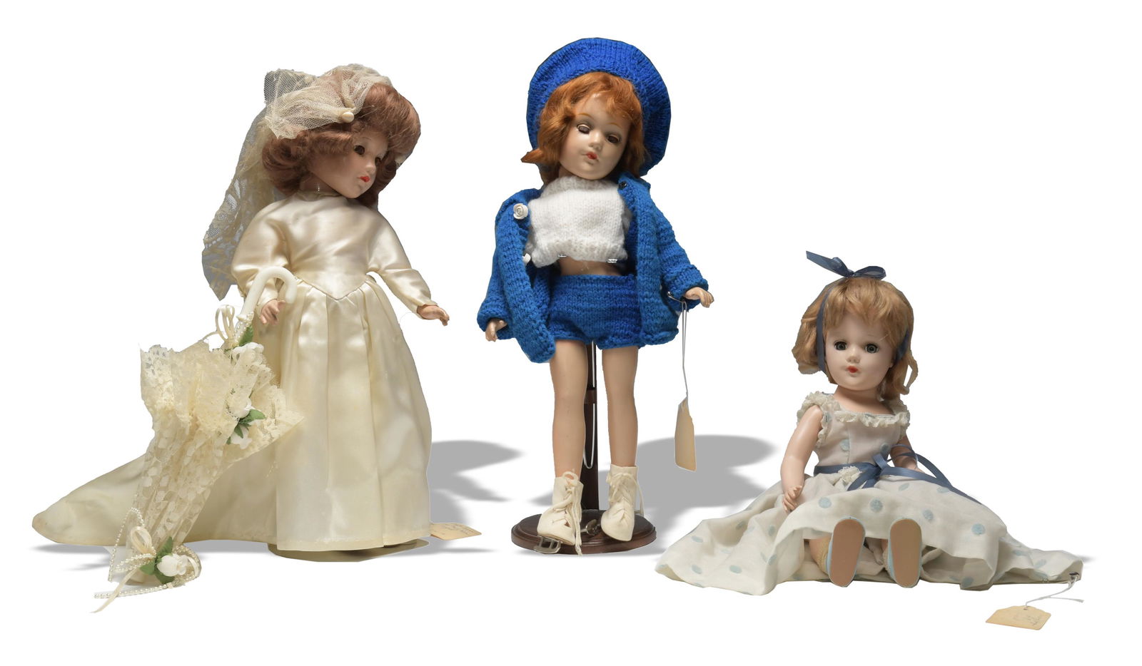 Mary Hoyer, 3 Dolls, Compo and Plastic: Mary Hoyer (American, founded 1930s) mixed materials. A group of 3 dolls; bride comes with an umbrella and is unmarked; the other 2 are marked. Dimensions: 16 inches tall X 7 3/4 inches wide; 40.6 cm