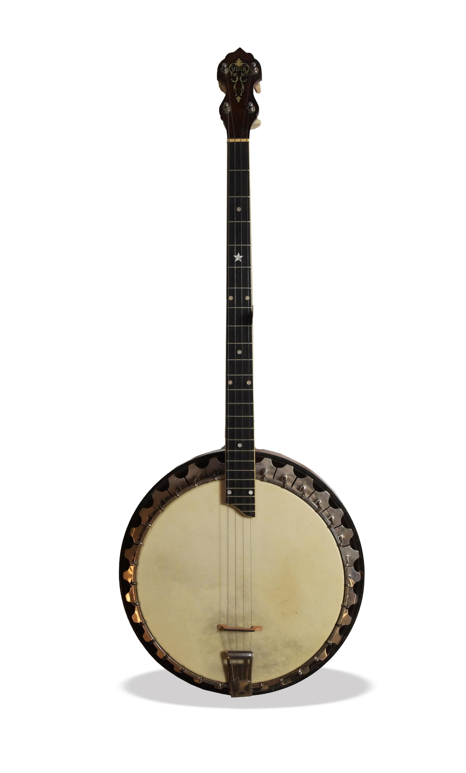 Vega No. 3 Plectrum Tu-Ba-Phone Banjo: Nice original Vega plectrum banjo with Vega pie back resonator. Serial no. on dowel and rim 63790 dates the banjo to 1925. 11 1/2 inches dia. thick rim, 1 1/4 inches nut and a Grover tailpiece. Comes 