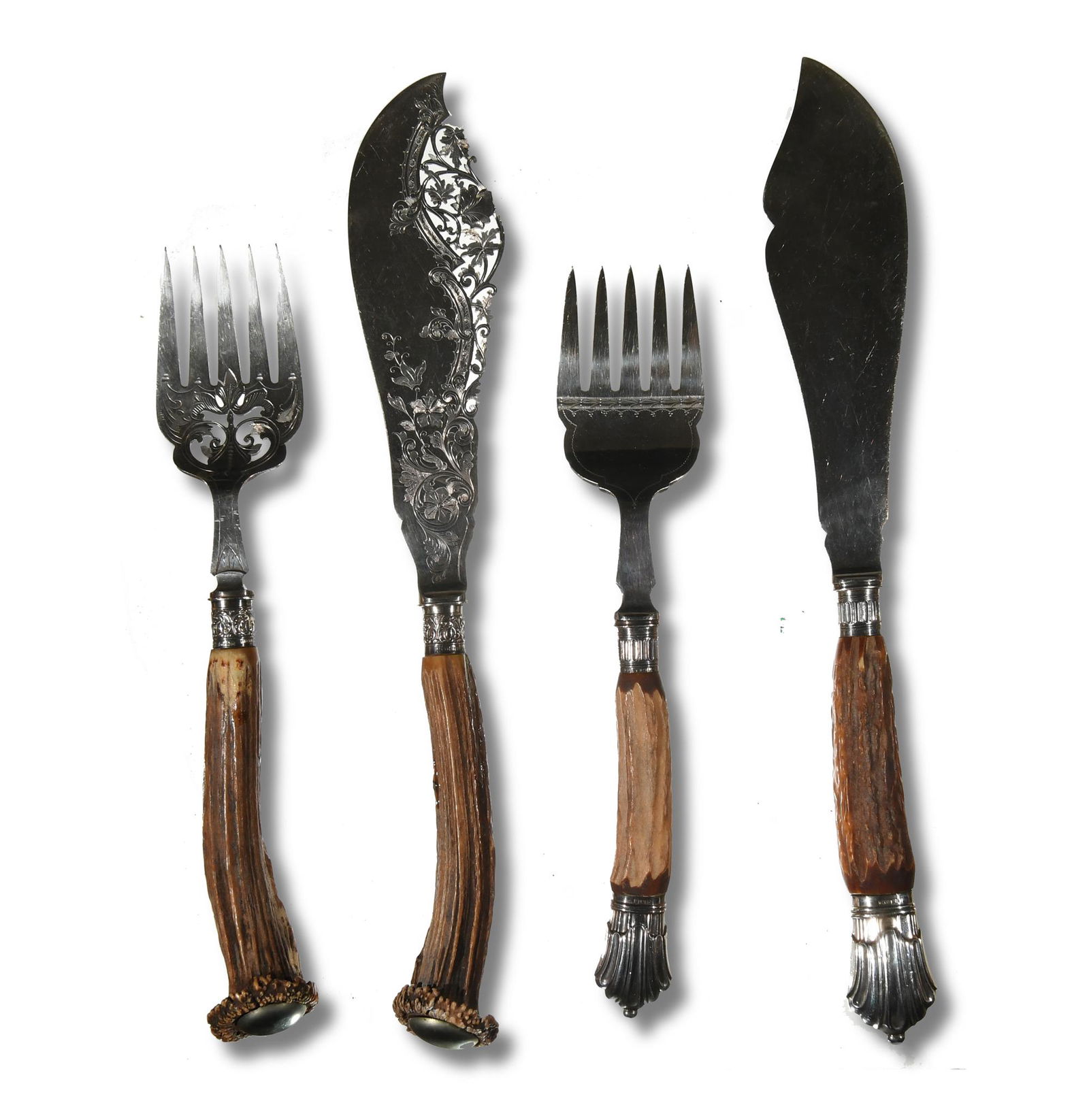 Harrison and Howson and Biggins and Son, Fish Servers: Harrison Bros. and Howson (British, founded 1847) and Biggins and Son (British, founded 1845) Sheffield silver, sterling silver and antler. The Biggins and Son set is marked 'Sterling.' Both are marke