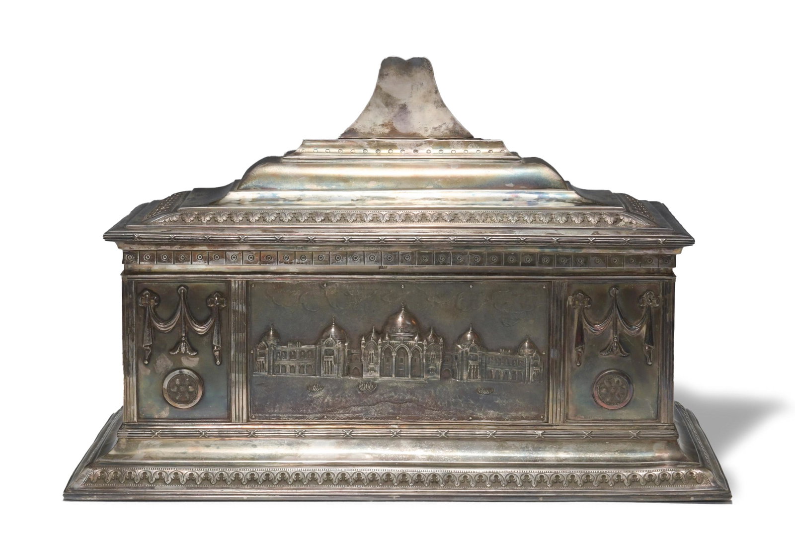 Anglo Indian Sterling Casket: A small Anglo-Indian finely detailed sterling box. The box features 2 scenes of buildings, possibly government buildings, a library scene, and a kitchen scene. The interior features red silk and blue 