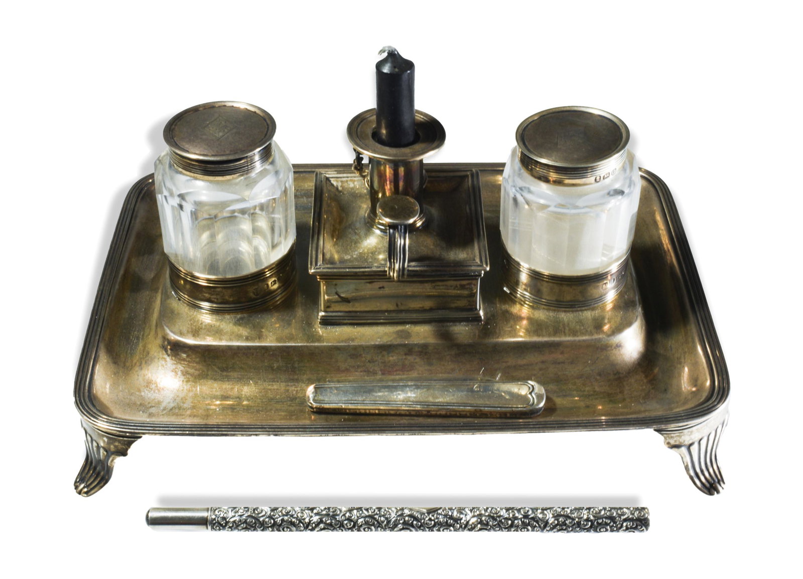 Chawner and Emes, Georgian Sterling Desk Set, 1797: Henry Chawner and John Emes (British) sterling silver and glass, London hallmark and date mark for 1797. A desk set including a removable candle stand and match receptacle underneath; a pair of glass 