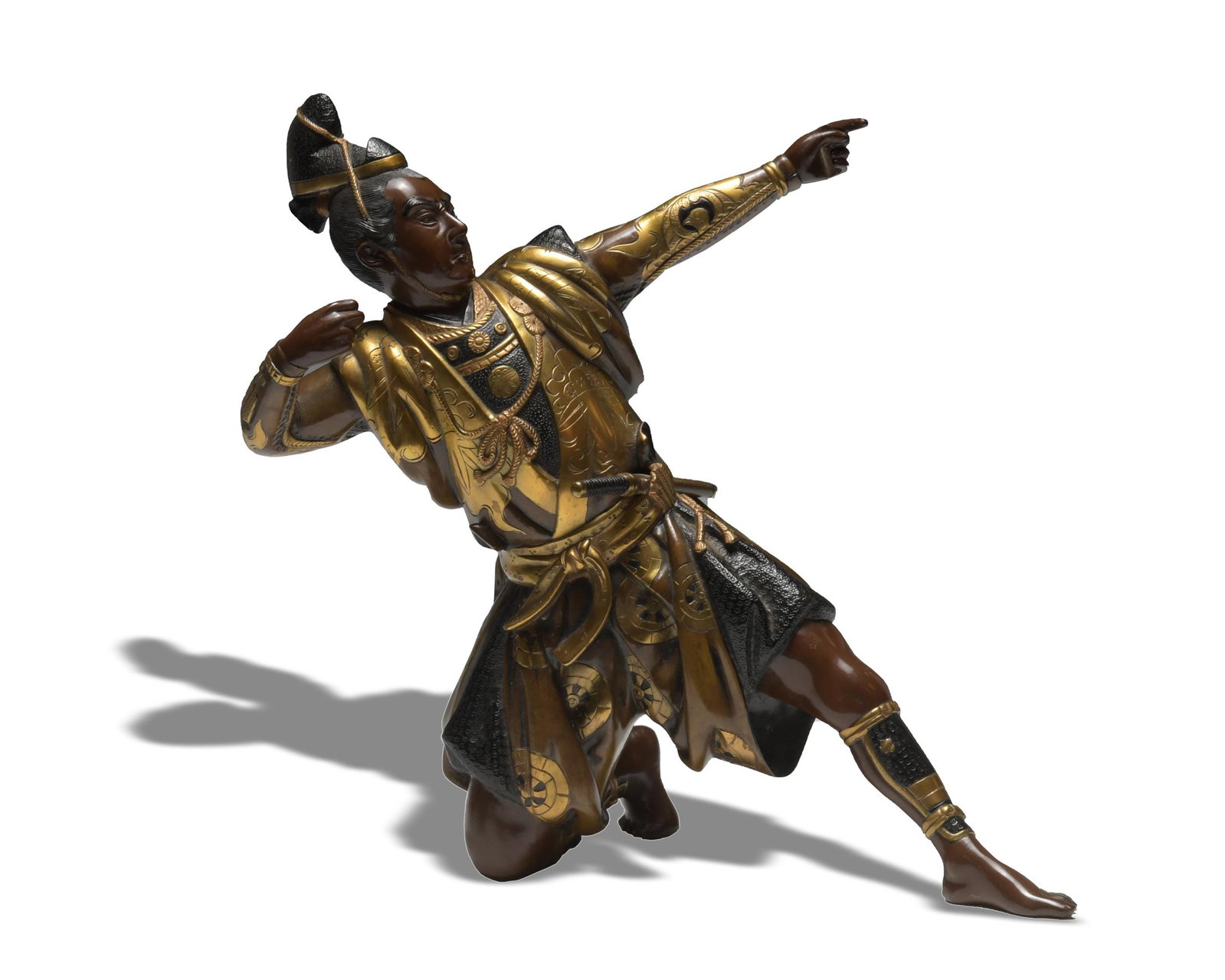Japanese Gilt Bronze Statue of an Archer, Meiji: A Japanese gilt bronze statue dating from the Meiji period signed Hide Masa. The archer is depicted on one knee and with a Wakizashi at the hip. The reverse features a plaque with a signature. Dimensi