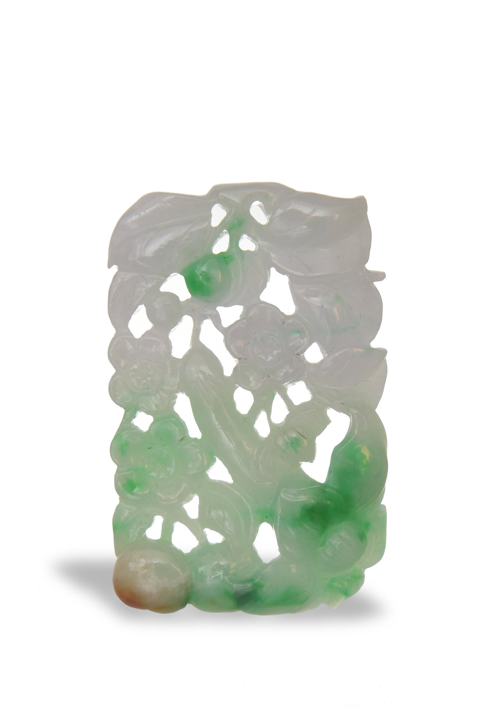 Chinese Jadeite Carved Plaque, 19th Century: A Chinese jadeite carved plaque dating from the 19th century. The plaque is pierced with flowers and fruit. Dimensions: 1 3/4 inches tall X 1 1/8 inches wide; 4.4 cm tall X 2.9 cm wide. All measuremen