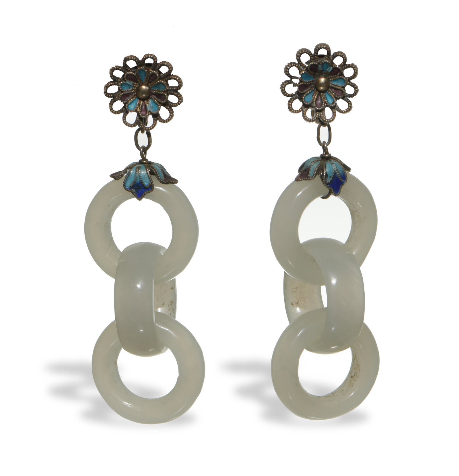 Pair of Chinese Jadeite Earrings, Republic: A pair of Chinese jadeite and enamel earrings dating from the Republic period. The earrings feature blue and purple flowers with a screw back and 3 interlocking jadeite rings. Dimensions: 2 1/8 inches