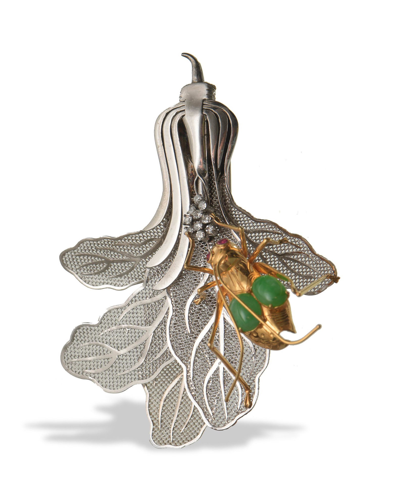 Chinese 18K Brooch with Jade, Rubies, Diamonds: A Chinese brooch dating from the early 20th century. The brooch is in the shape of a cabbage with a cricket. The cabbage is 18K white gold, while the body of the cricket features 2 jadeite cabochons a