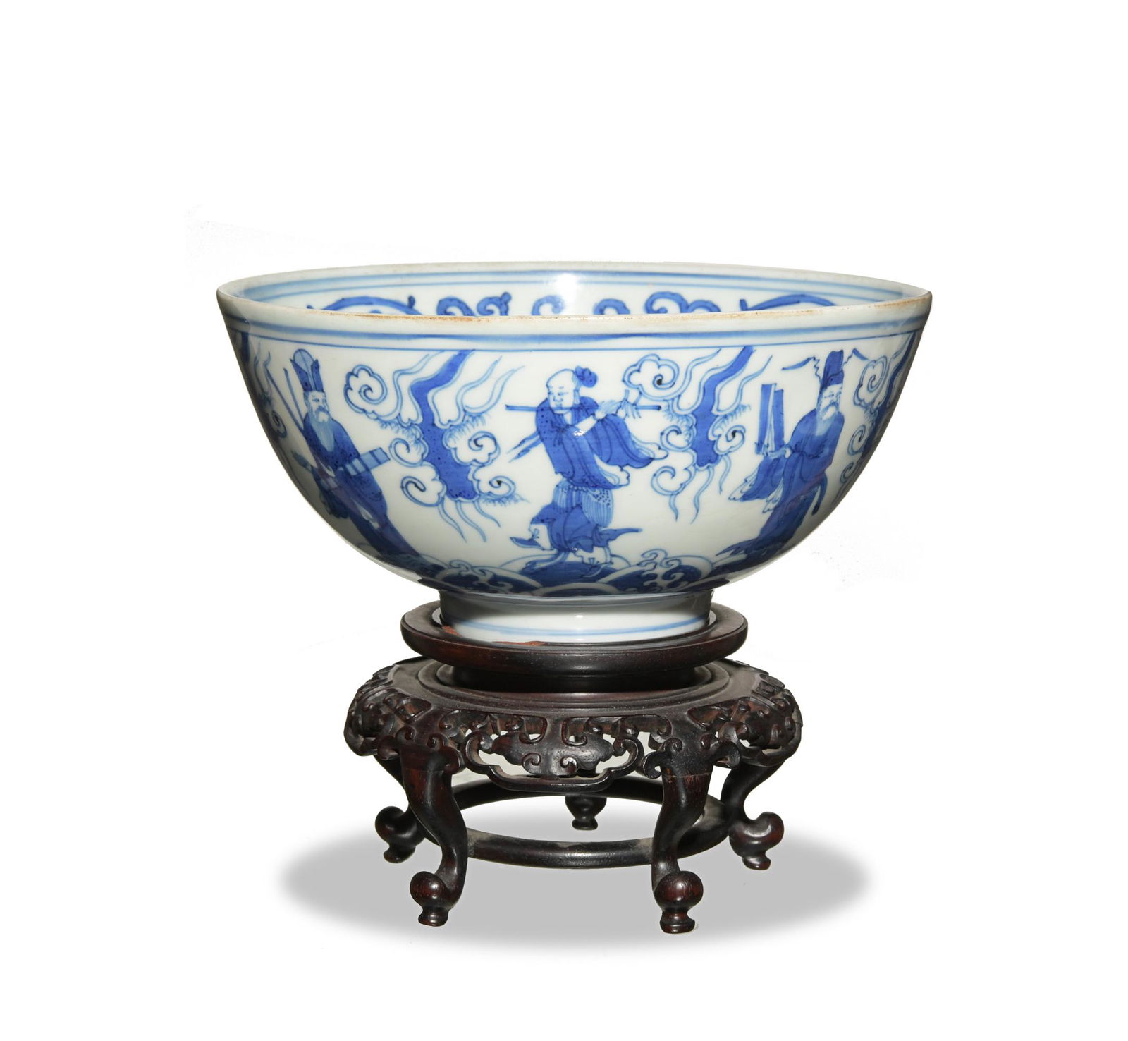 Chinese Blue and White Bowl with 8 Immortals, Ming: An Imperial Chinese blue and white bowl dating from the Ming dynasty and with a Wanli mark on the bottom. The exterior of the bowl features the 8 immortals above a wave motif, the interior features a