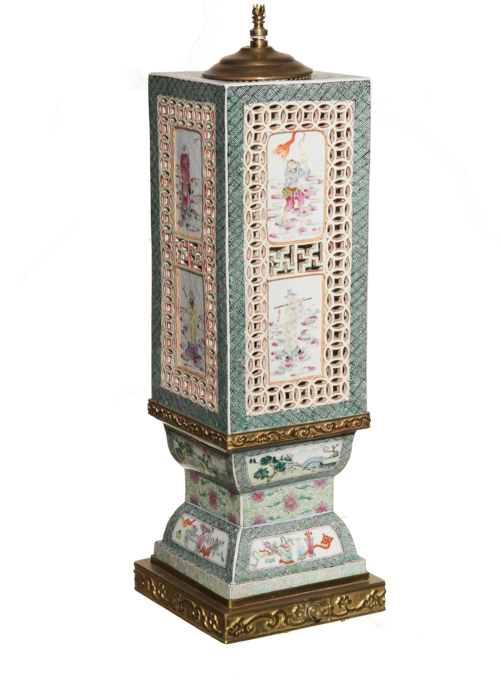 Chinese Porcelain Scent Lamp, Late-19th Century: A Chinese porcelain famille rose scent lamp dating to the late-19th century. The body features 8 scenes with 1 figure each, surrounded by lucky coin cut-outs and Buddhist crosses. The foot features 4 