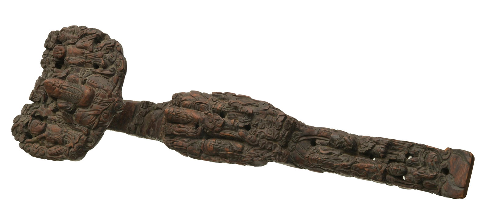 Chinese Carved Chenxiang Wood Ruyi, 18th Century: A Chinese Chenxiang ruyi wand dating from the 18th century carved with the 8 Immortals. Dimensions: 21 1/2 inches tall X 7 1/2 inches wide; 54.6 cm tall X 19.1 cm wide. Weight - 688 g. All measurement