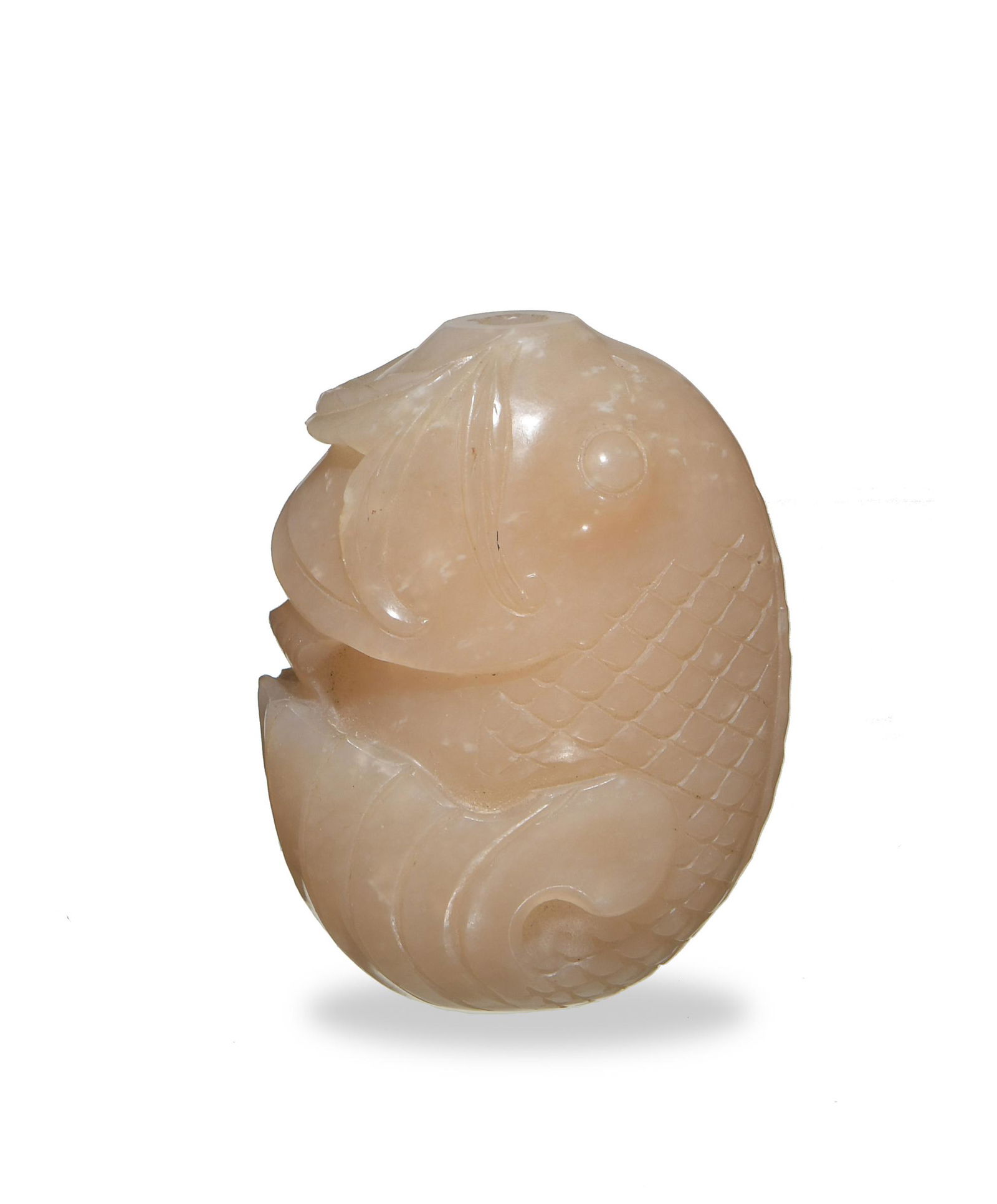 Chinese Jade Carved Fish-Form Snuff Bottle, 19th: A Chinese mutton fat jade snuff bottle dating from the 19th century. The snuff bottle is carved in the form a carp. Dimensions: 2 1/8 inches tall X 1 3/4 inches wide; 5.4 cm tall X 4.4 cm wide. All me