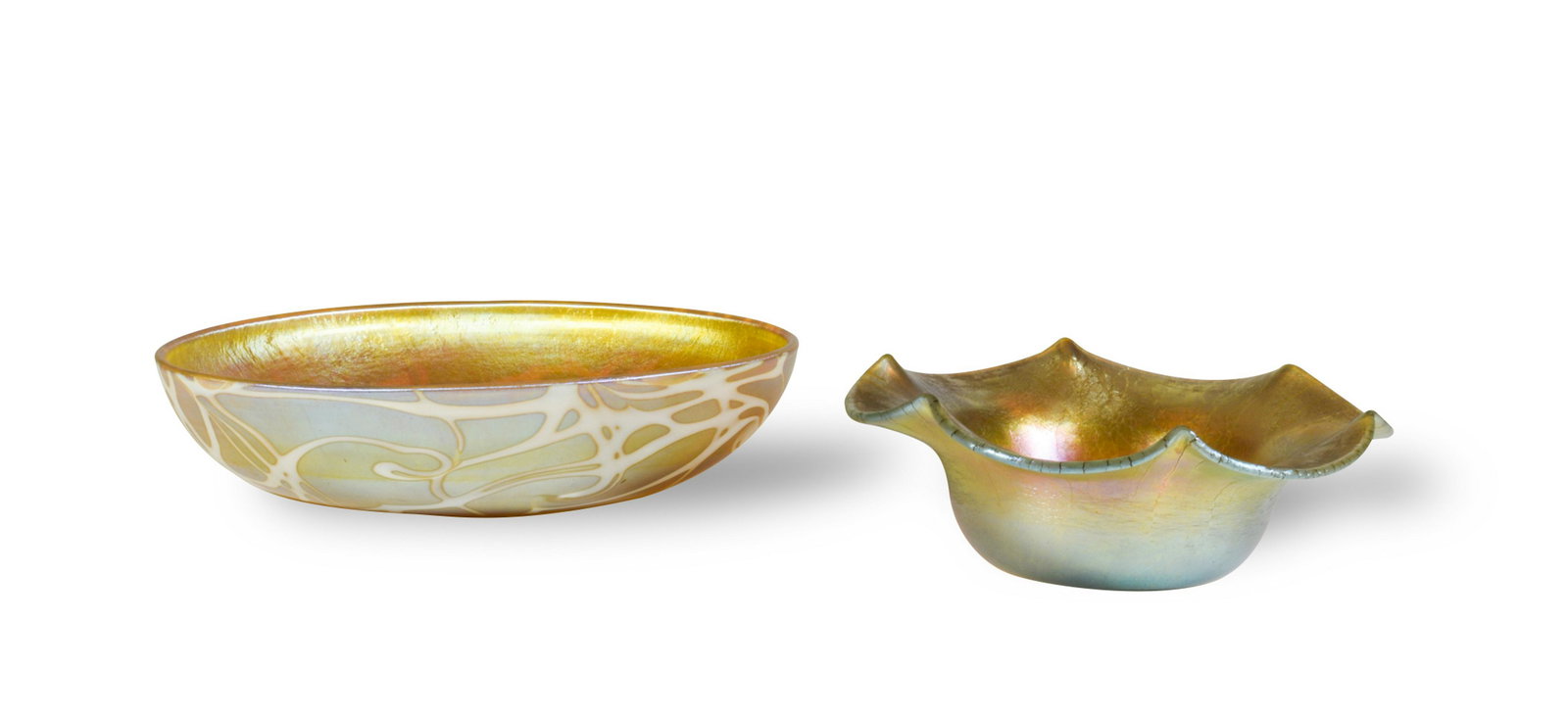 2 Durand Gold Aurene Dishes: Victor Durand (French-American, 1870-1931), gold aurene glass. The first dish is a small flower-form dish, with a signature on the bottom. The second dish is a small bowl with white marbled lines, als