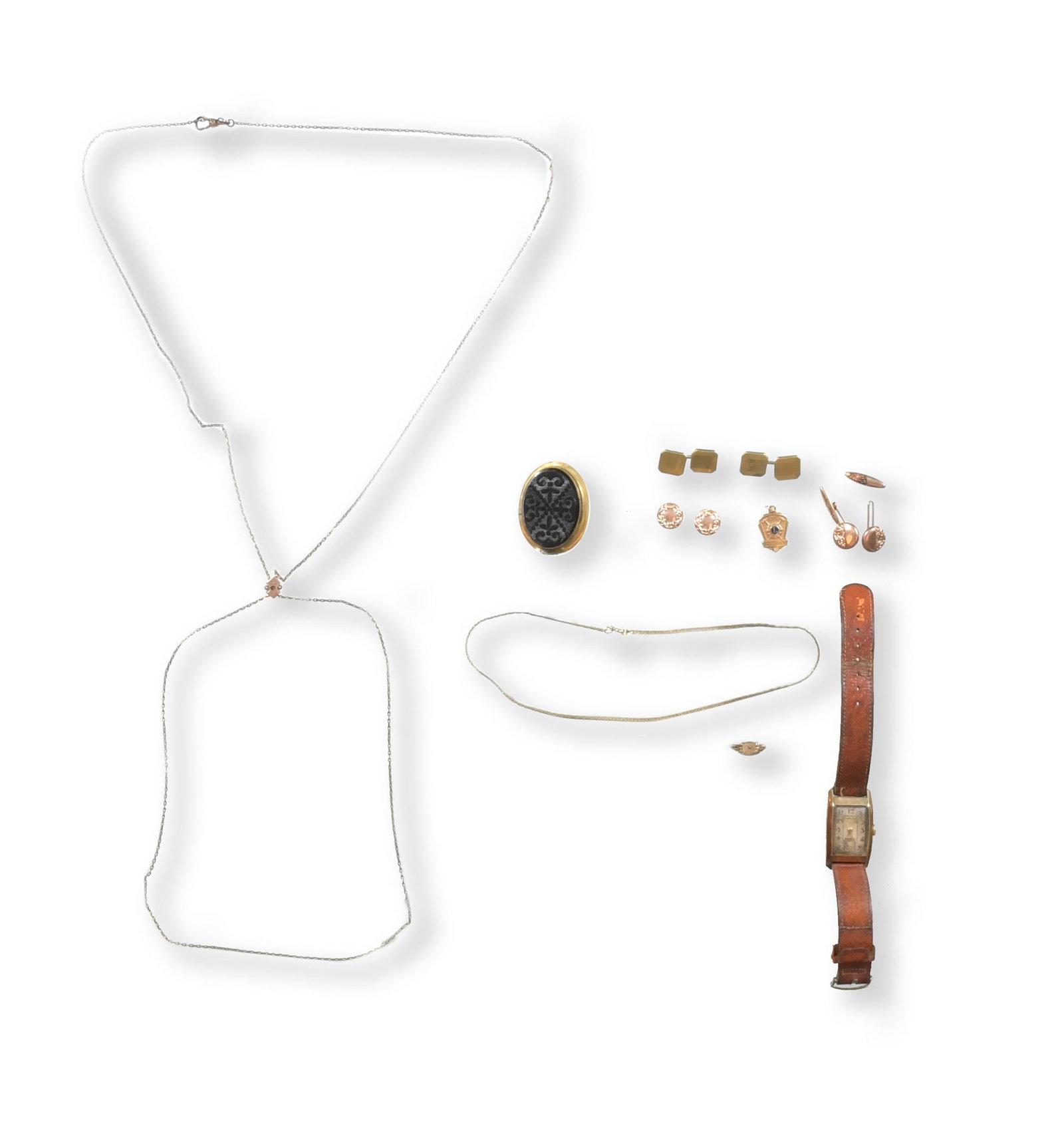 Lot of Gold Filled Jewelry, Hamilton Watch: A collection of gold filled jewelry, includes: a men's Hamilton wrist watch; chain; watch chain with slide by AAG Co.; a Lions Club charm with diamond; a ring; a pair collar buttons; 2 pair of cufflin