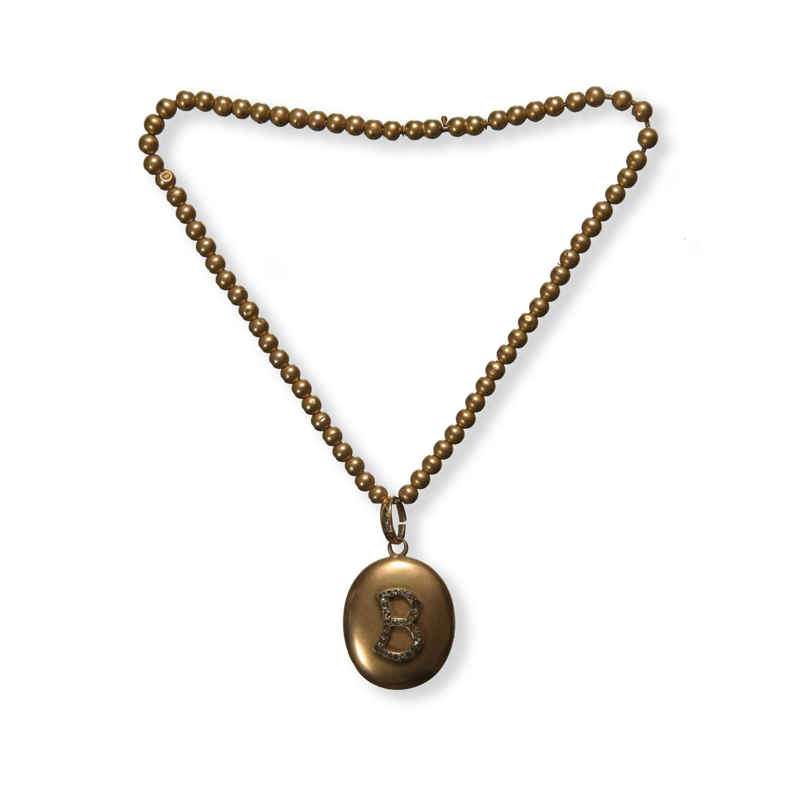 Victorian Necklace with 14K Gold and Diamond Locket: A Victorian necklace with 14K gold locket pendant, necklace with 10K gold beads. The locket is dated February 1870 on the interior of the lid along with a photo of a woman. The exterior of the lid fea