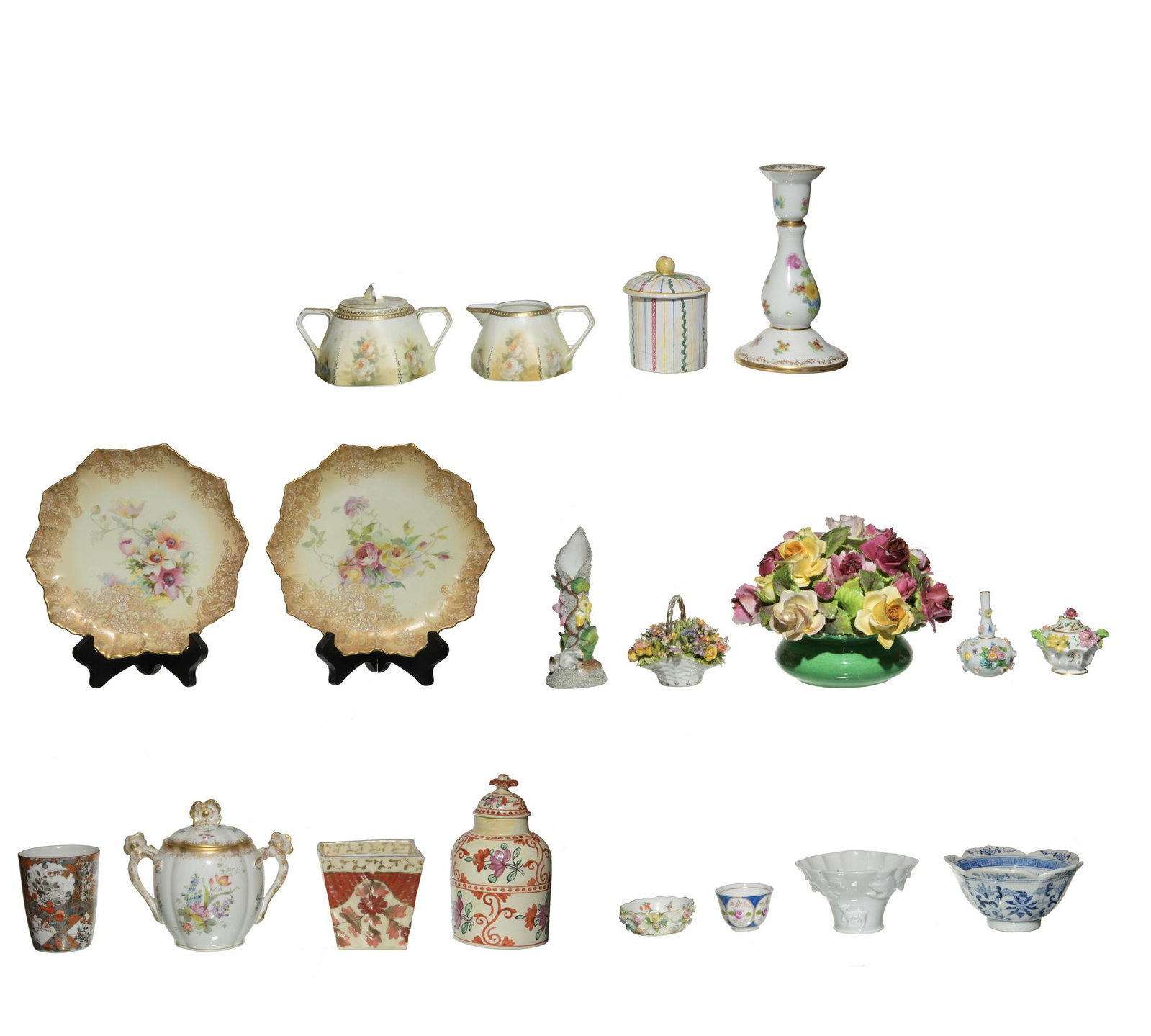 17 Flower Items inc. Meissen, Staffordshire, Etc.: A group of 17 porcelain floral items by various designers. The Meissen (German, founded 1710) items include: a vase and matching dish with marks dating from 1860-1924. The Royal Staffordshire (English