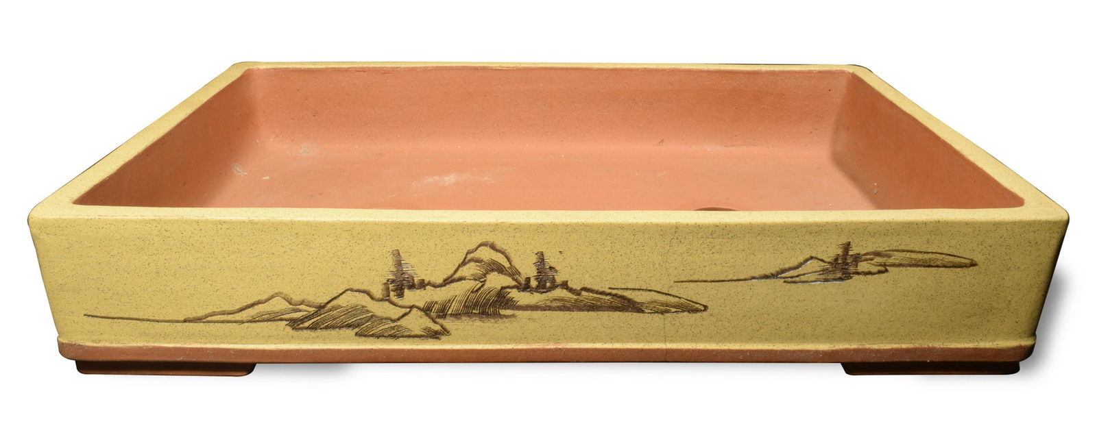 Chinese Zisha Large Flower Pot: A large Chinese Zisha flower pot. The flower pot features calligraphy on one side and waterfall scene on the other. Dimensions: 20 inches wide X 12 1/2 inches long X 3 5/8 inches deep; 50.8 cm wide X