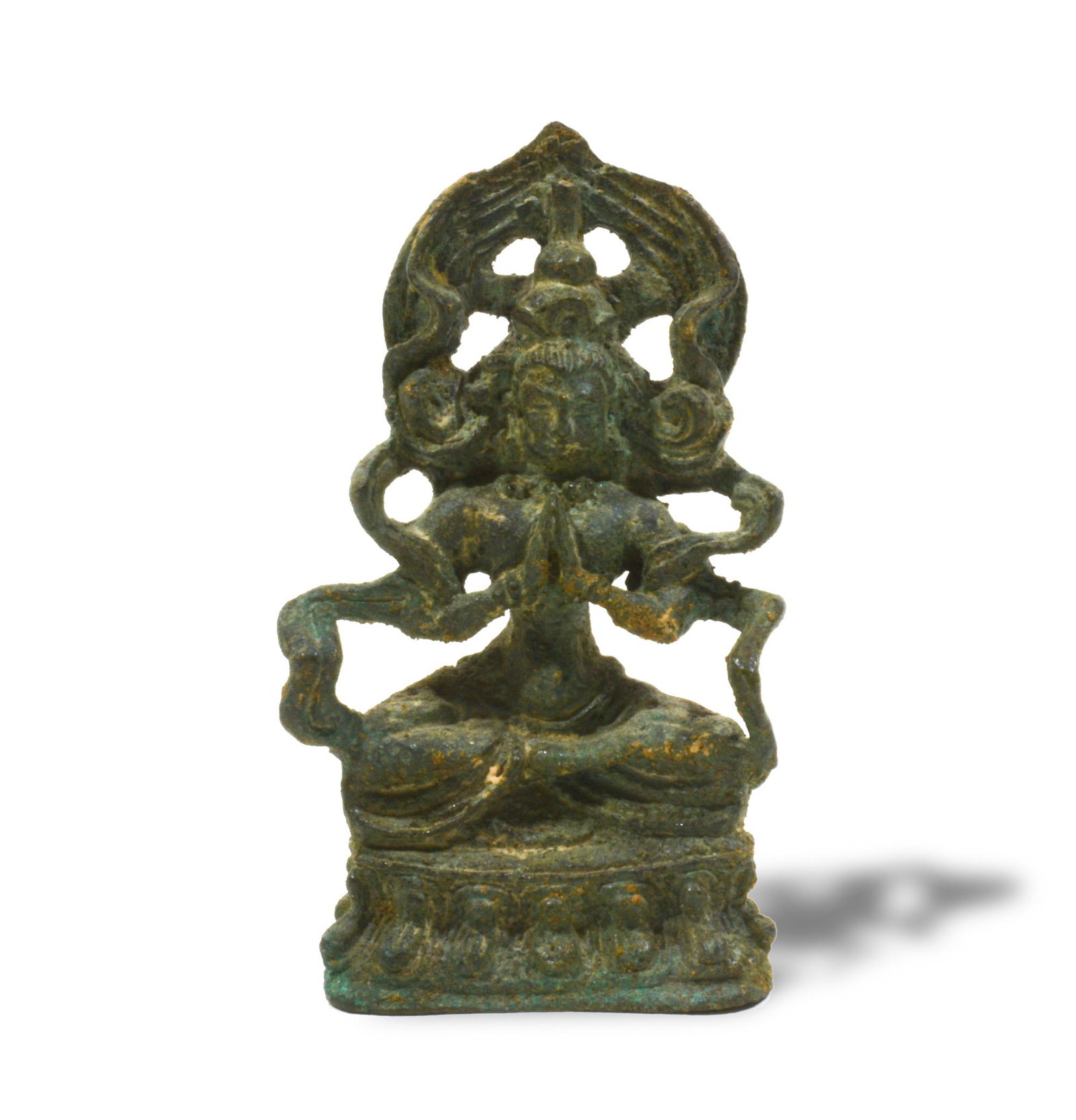 Chinese Bronze Guanyin, Ming or Earlier: A Chinese bronze statue of Guanyin dating from the Ming dynasty or earlier. The statue depicts Guanyin seated on a lotus pedestal and in the Anjali Mudra, or prayer mudra. Dimensions: 4 inches tall X 